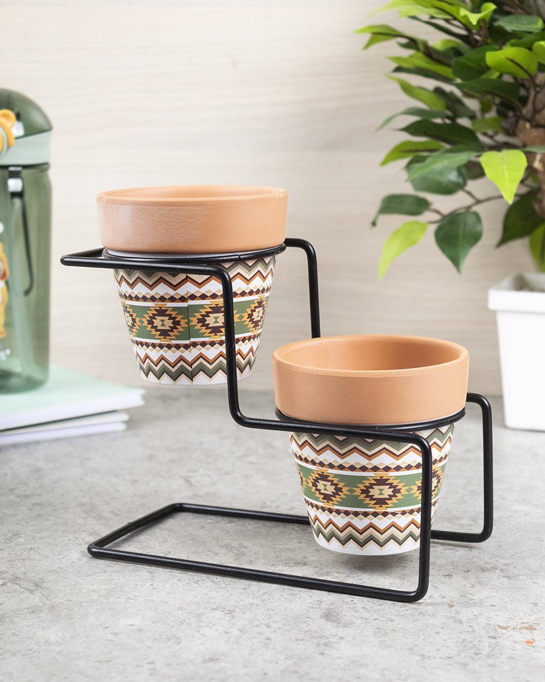 Table Planters with Holder, Tribal Print, 2 Planters, Multicolor, Ceramic - MARKET99