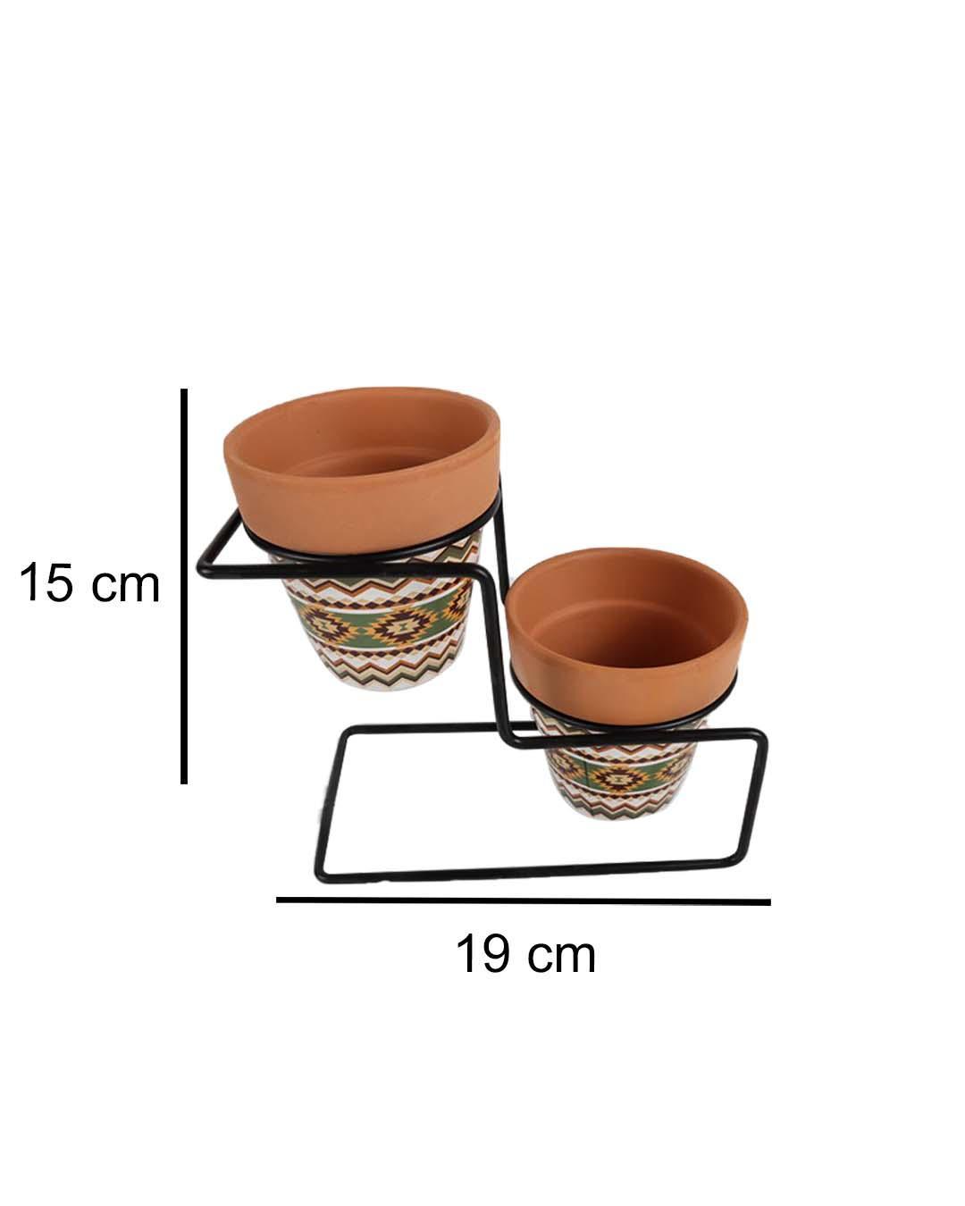Table Planters with Holder, Tribal Print, 2 Planters, Multicolor, Ceramic - MARKET99