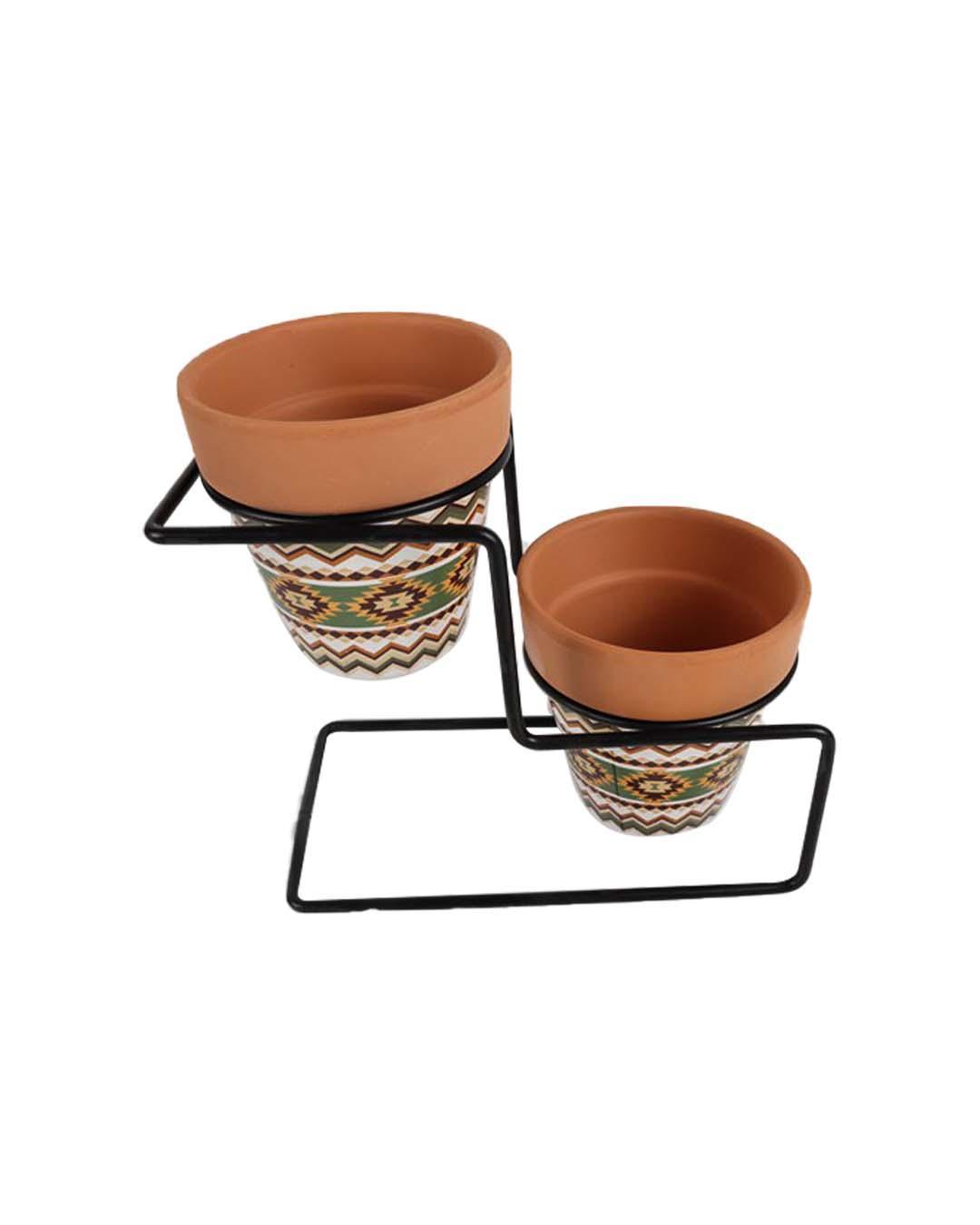Table Planters with Holder, Tribal Print, 2 Planters, Multicolor, Ceramic - MARKET99