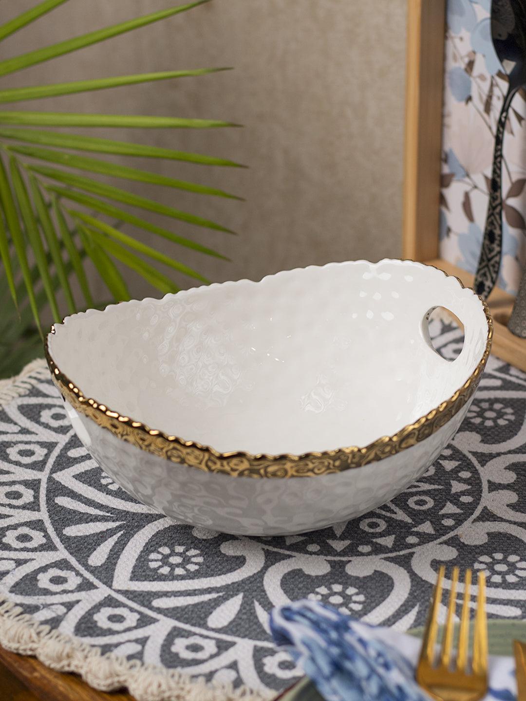 Antique Off White Ceramic Round Serving Dish ( Both Side Handle ) - 21 x 17 x 9CM - 1
