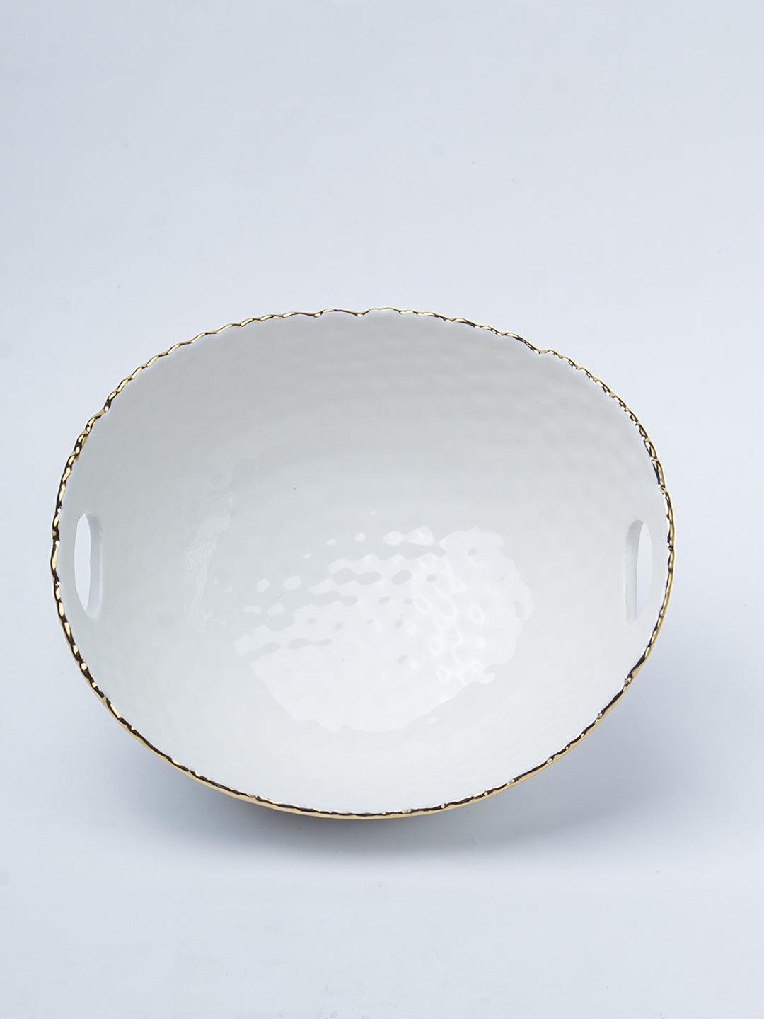 Antique Off White Ceramic Round Serving Dish ( Both Side Handle ) - 21 x 17 x 9CM - 5