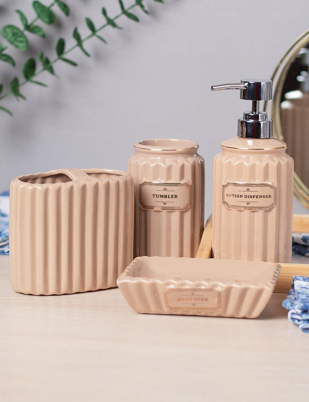 Beige Ceramic Bathroom Set Of 4 - Ribbed Design, Bath Accessories - 1
