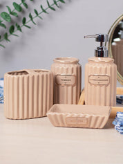Beige Ceramic Bathroom Set Of 4 - Ribbed Design, Bath Accessories - 1