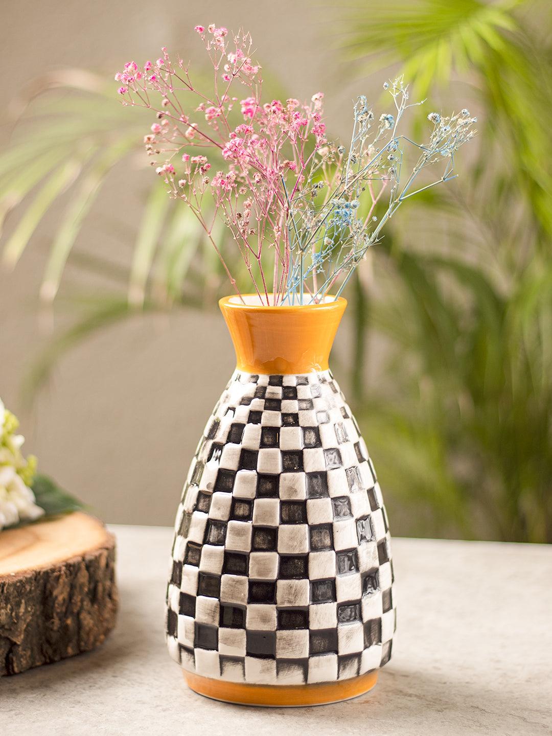 Black & White Ceramic Curvy Vase - Checks, Flower Holder - 1