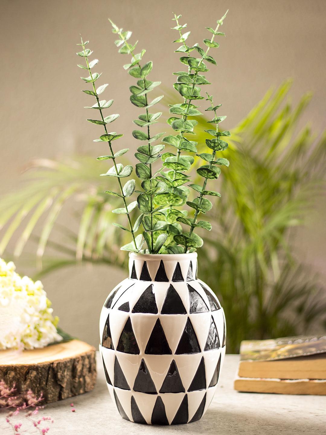 Black & White Ceramic Curvy Vase - Triangular Checks, Flower Holder - 1
