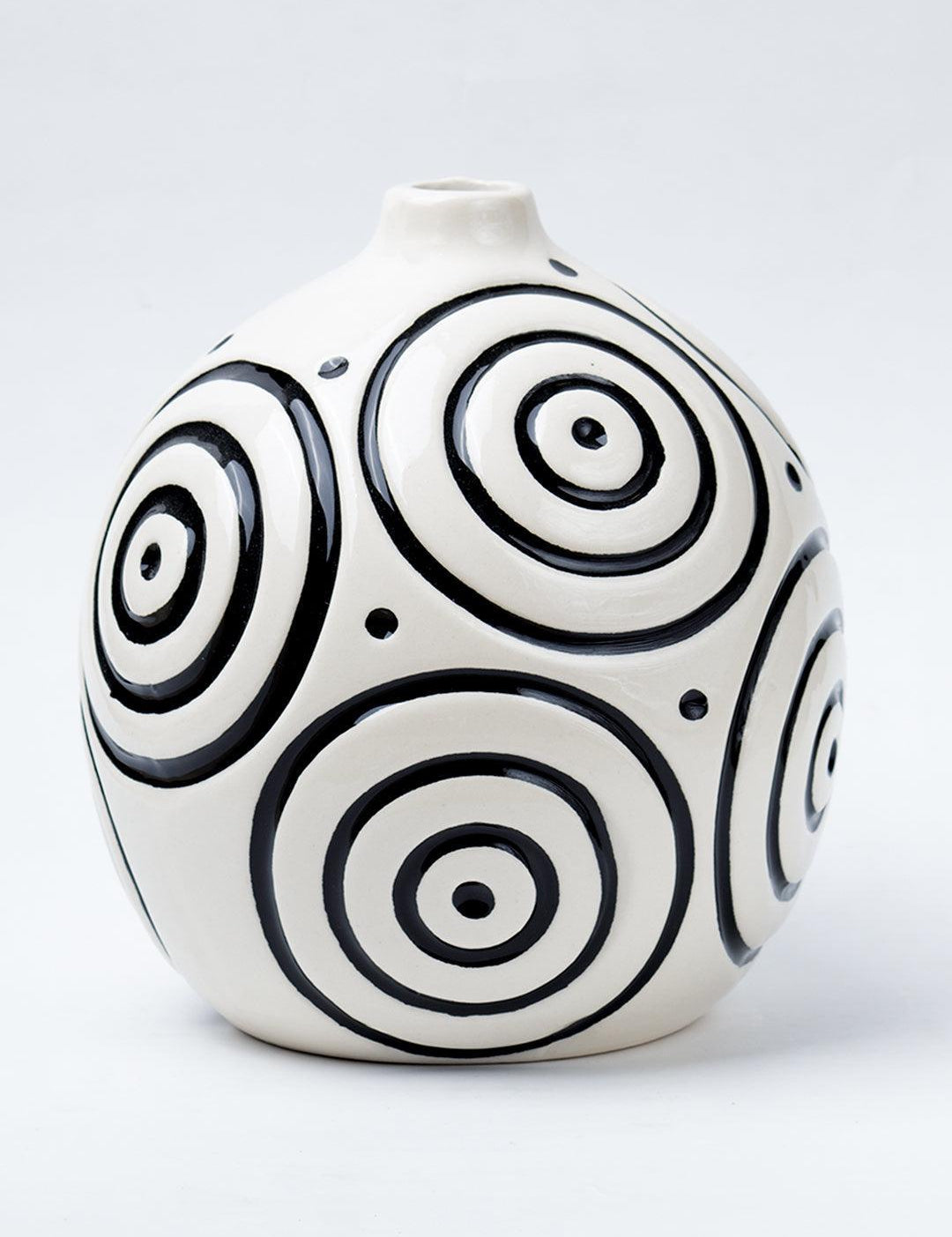 Black & White Ceramic Round Vase - Cuircular Pattern, Flower Holder - 2