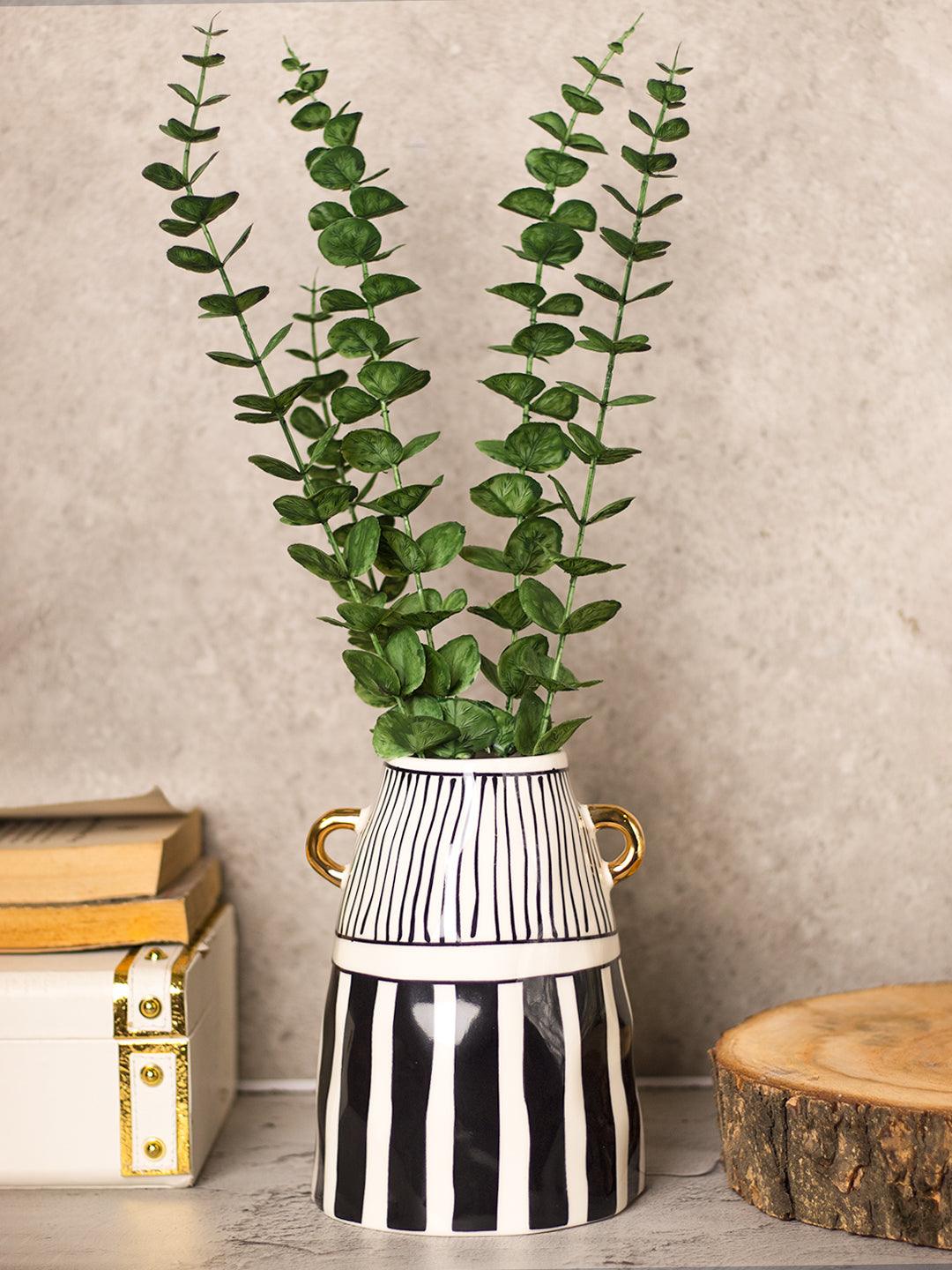Black & White Ceramic Vase - Ribbed Design, Flower Holder - 1