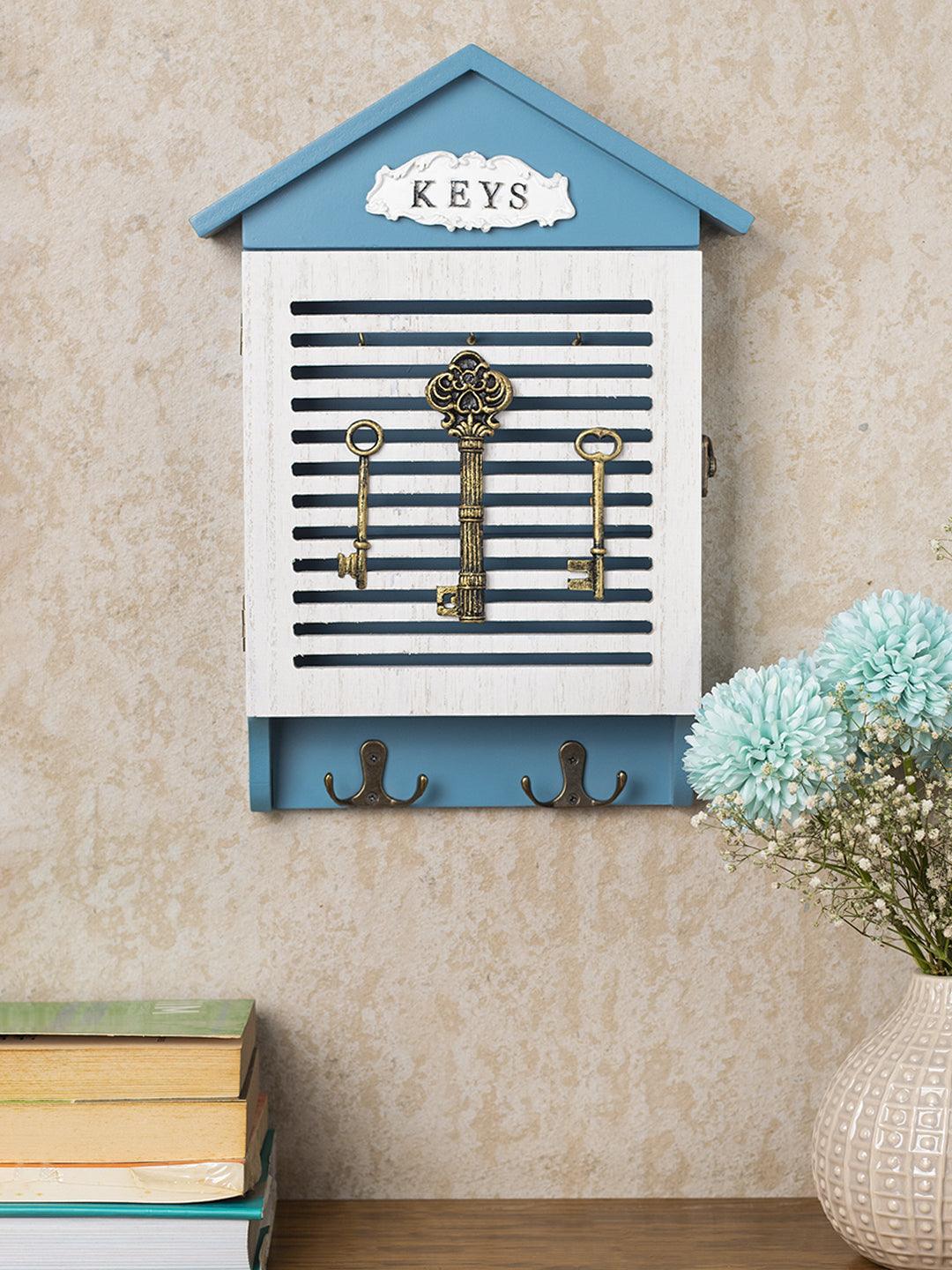 Blue & White Wood House Shaped Key Box Organiser - 1