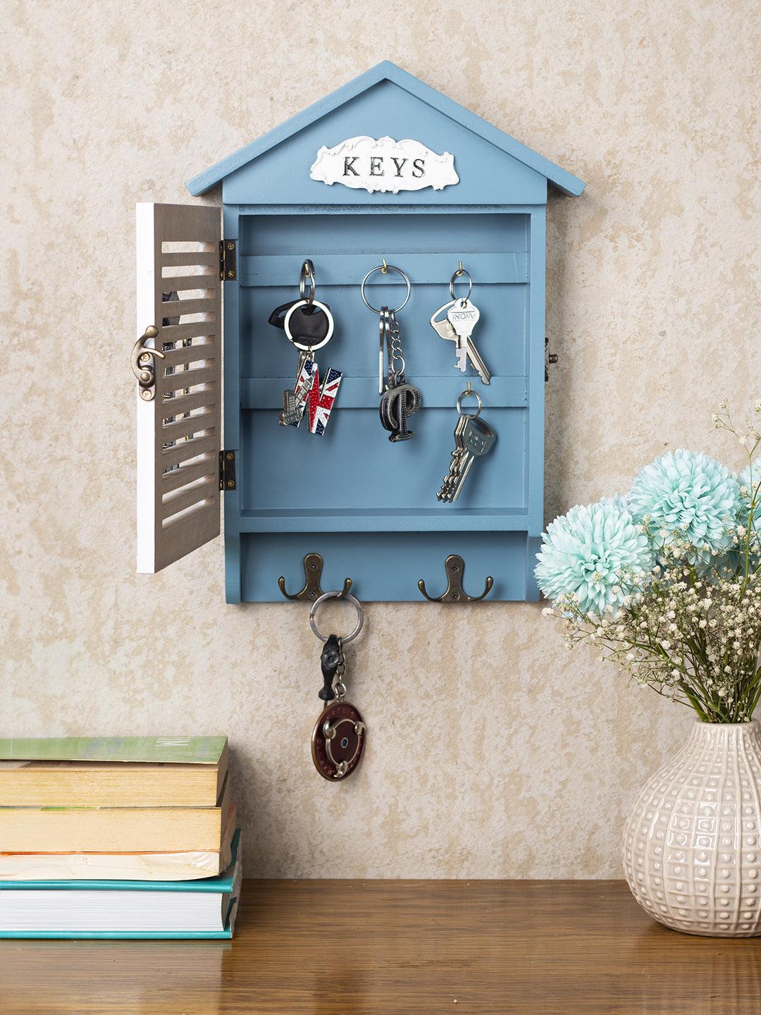 Blue & White Wood House Shaped Key Box Organiser - 2