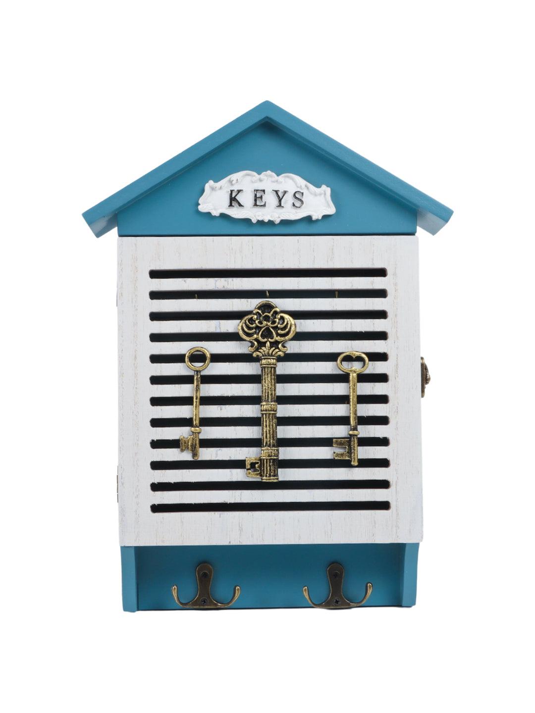 Blue & White Wood House Shaped Key Box Organiser - 3