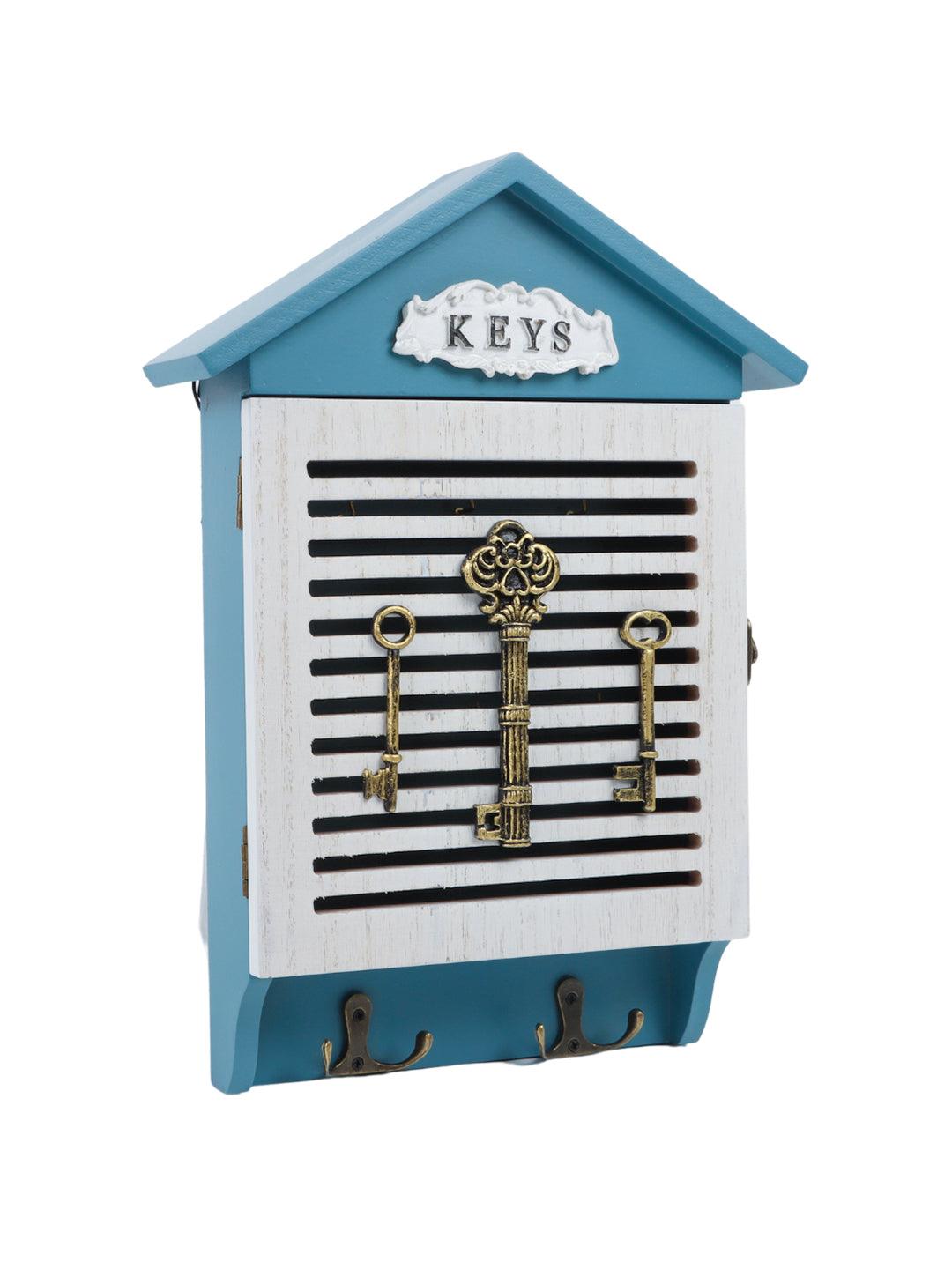 Blue & White Wood House Shaped Key Box Organiser - 4