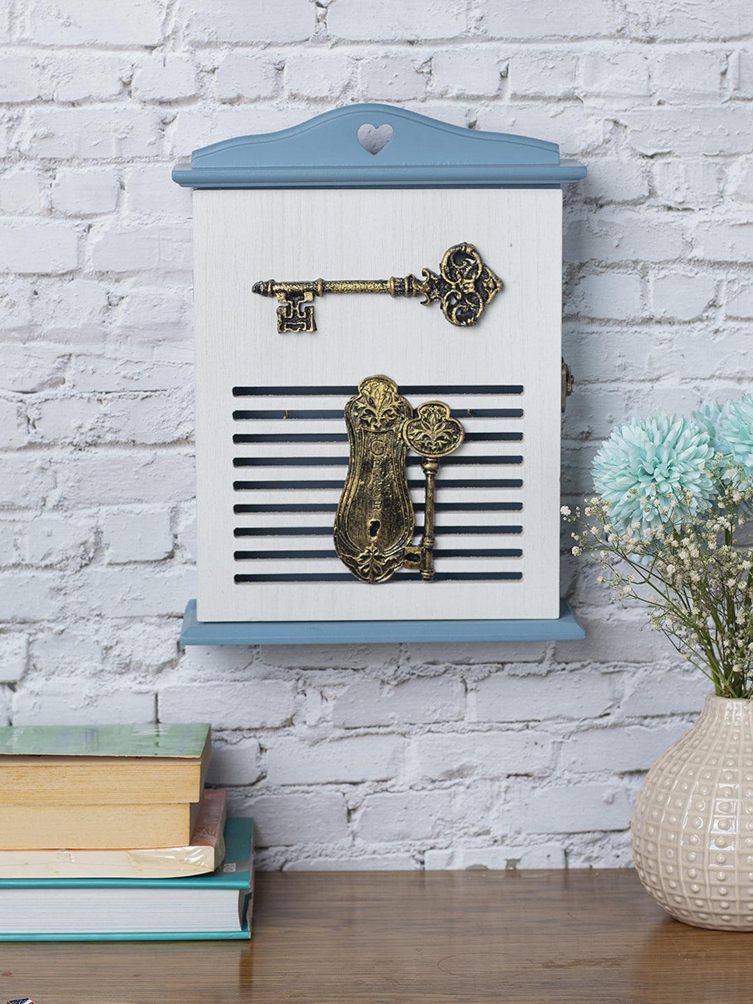 Blue & White Wood House Shaped Key Box - 1
