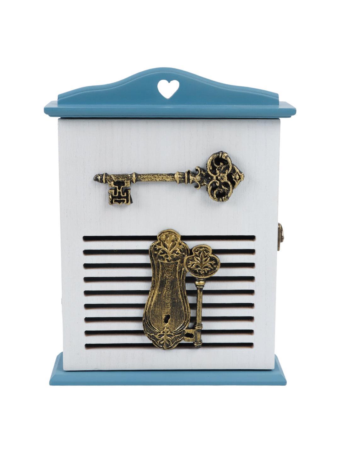 Blue & White Wood House Shaped Key Box - 3