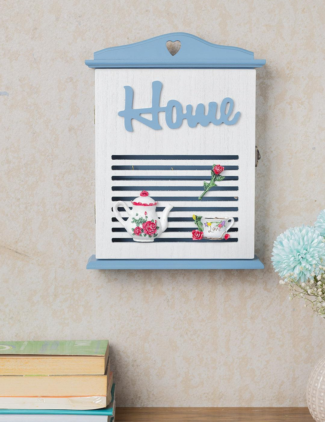Blue & White Wood House Shaped Key Organiser Box - 1