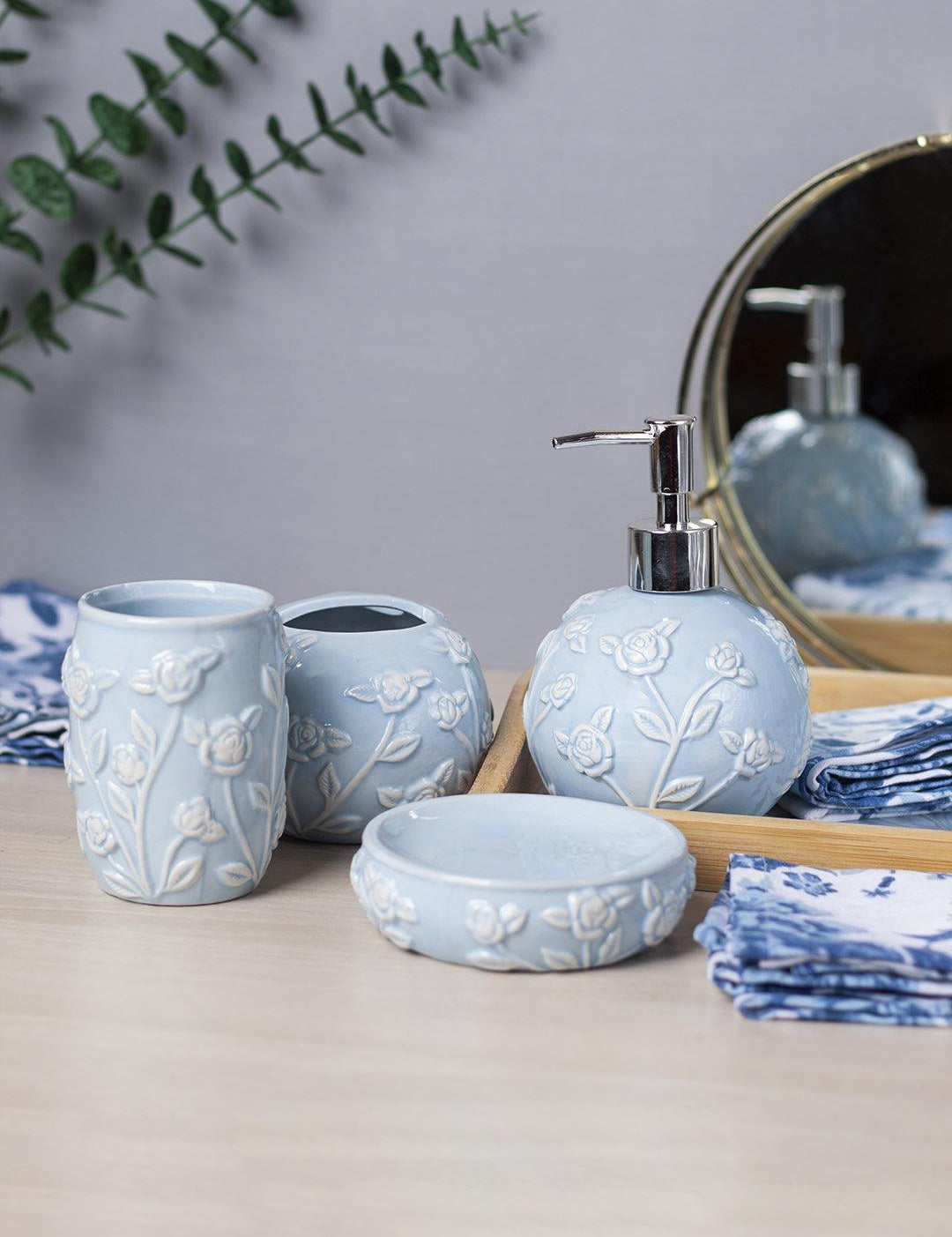 Blue Ceramic Bathroom Set Of 4 - Floral Design, Bath Accessories - 1