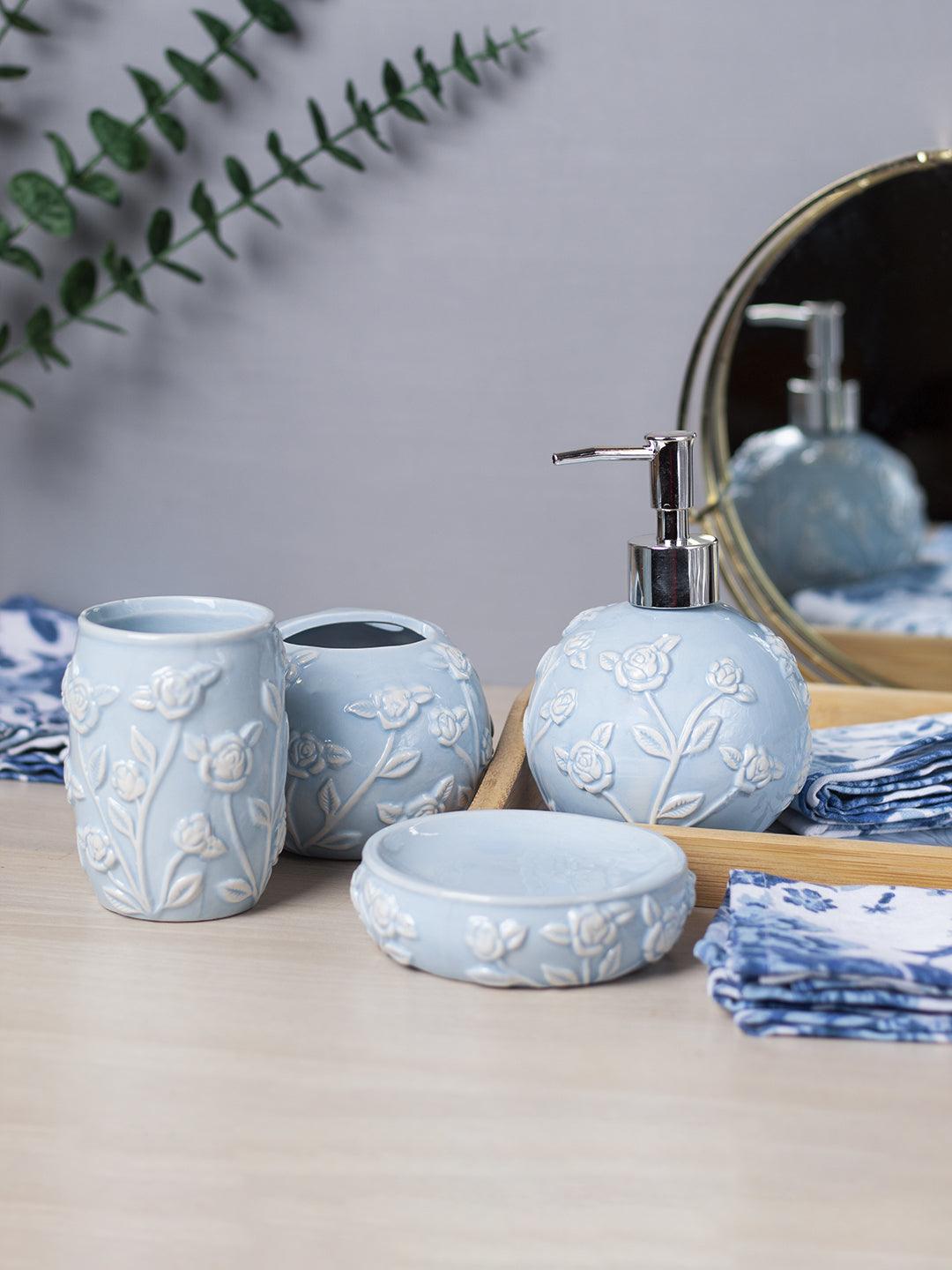 Blue Ceramic Bathroom Set Of 4 - Floral Design, Bath Accessories - 1