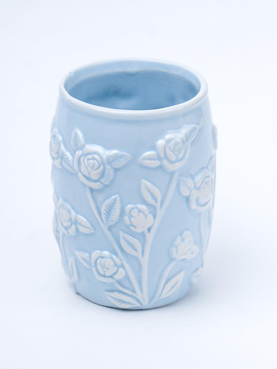 Blue Ceramic Bathroom Set Of 4 - Floral Design, Bath Accessories - 4