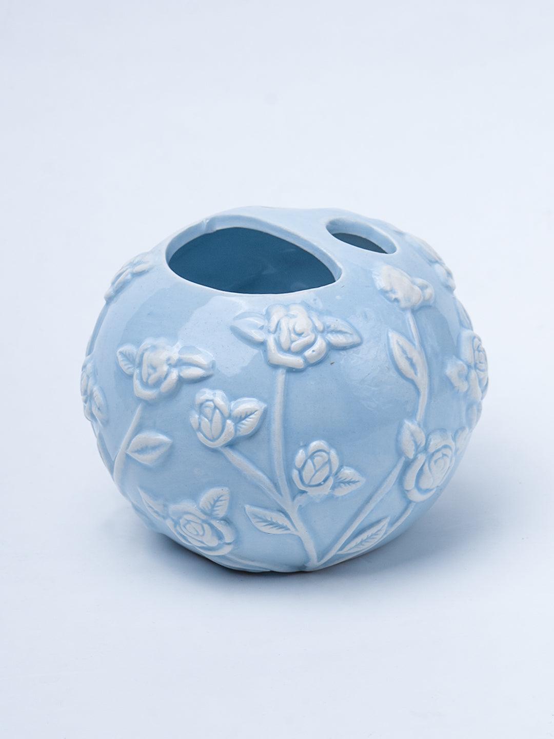 Blue Ceramic Bathroom Set Of 4 - Floral Design, Bath Accessories - 5