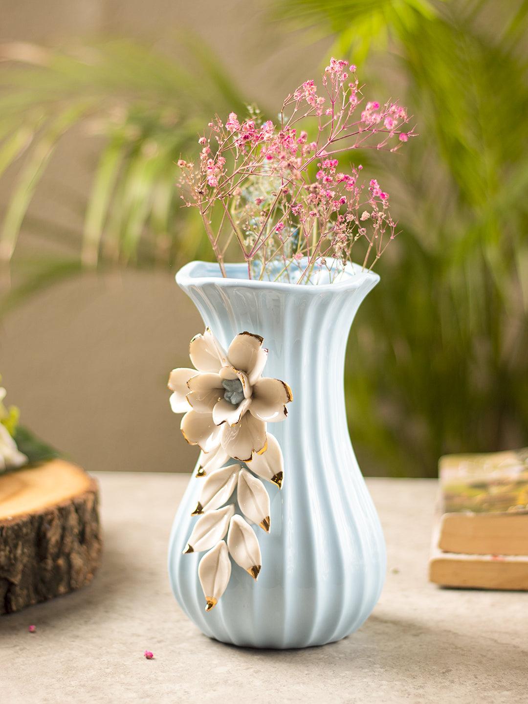 Blue Ceramic Curvy Vase - Engraved Floral Pattern, Flower Holder - 1