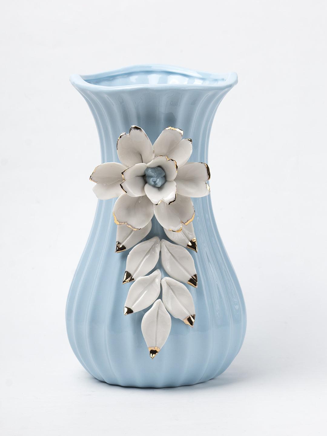 Blue Ceramic Curvy Vase - Engraved Floral Pattern, Flower Holder - 2