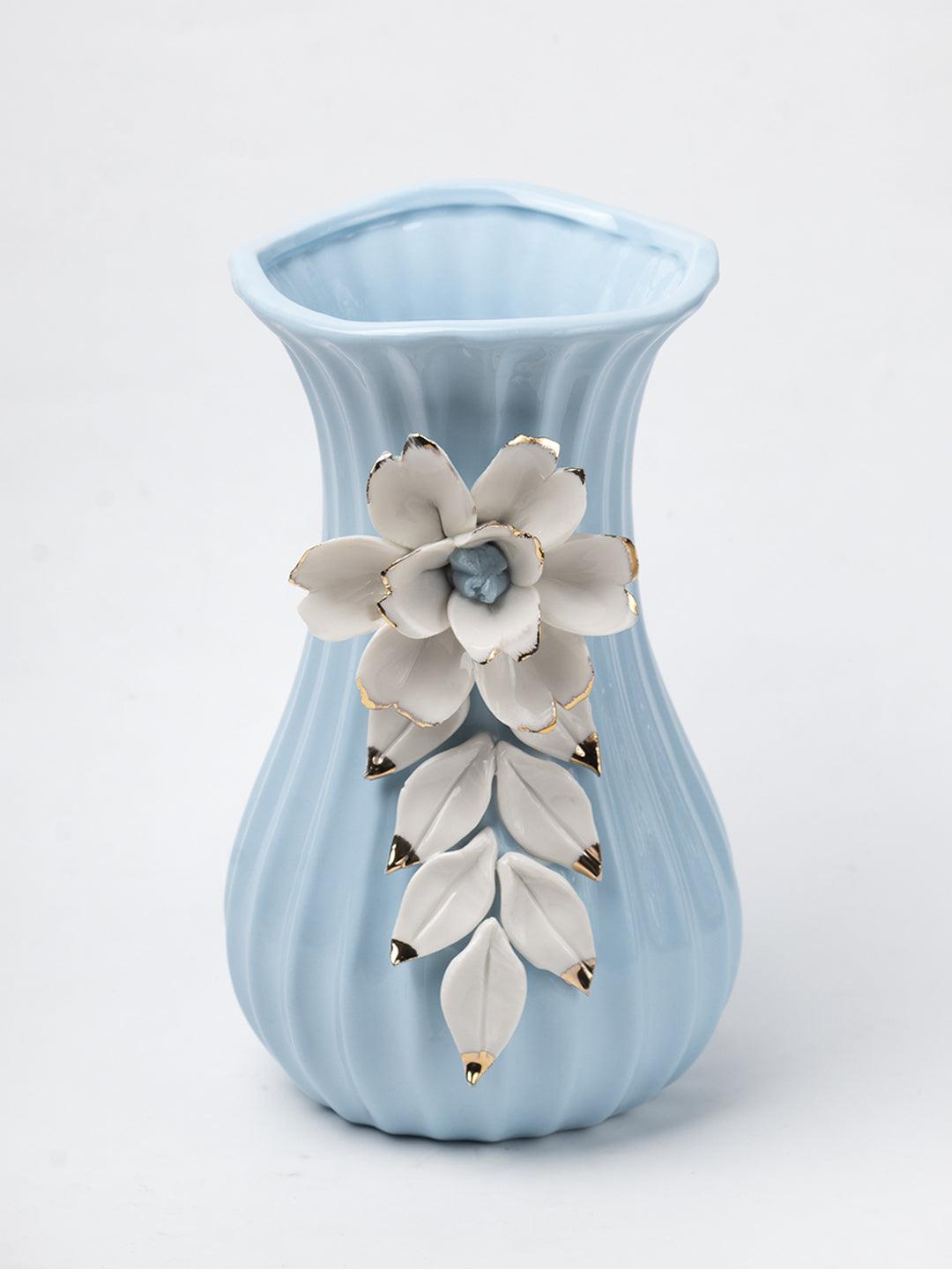 Blue Ceramic Curvy Vase - Engraved Floral Pattern, Flower Holder - 3