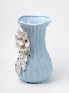 Blue Ceramic Curvy Vase - Engraved Floral Pattern, Flower Holder - 4