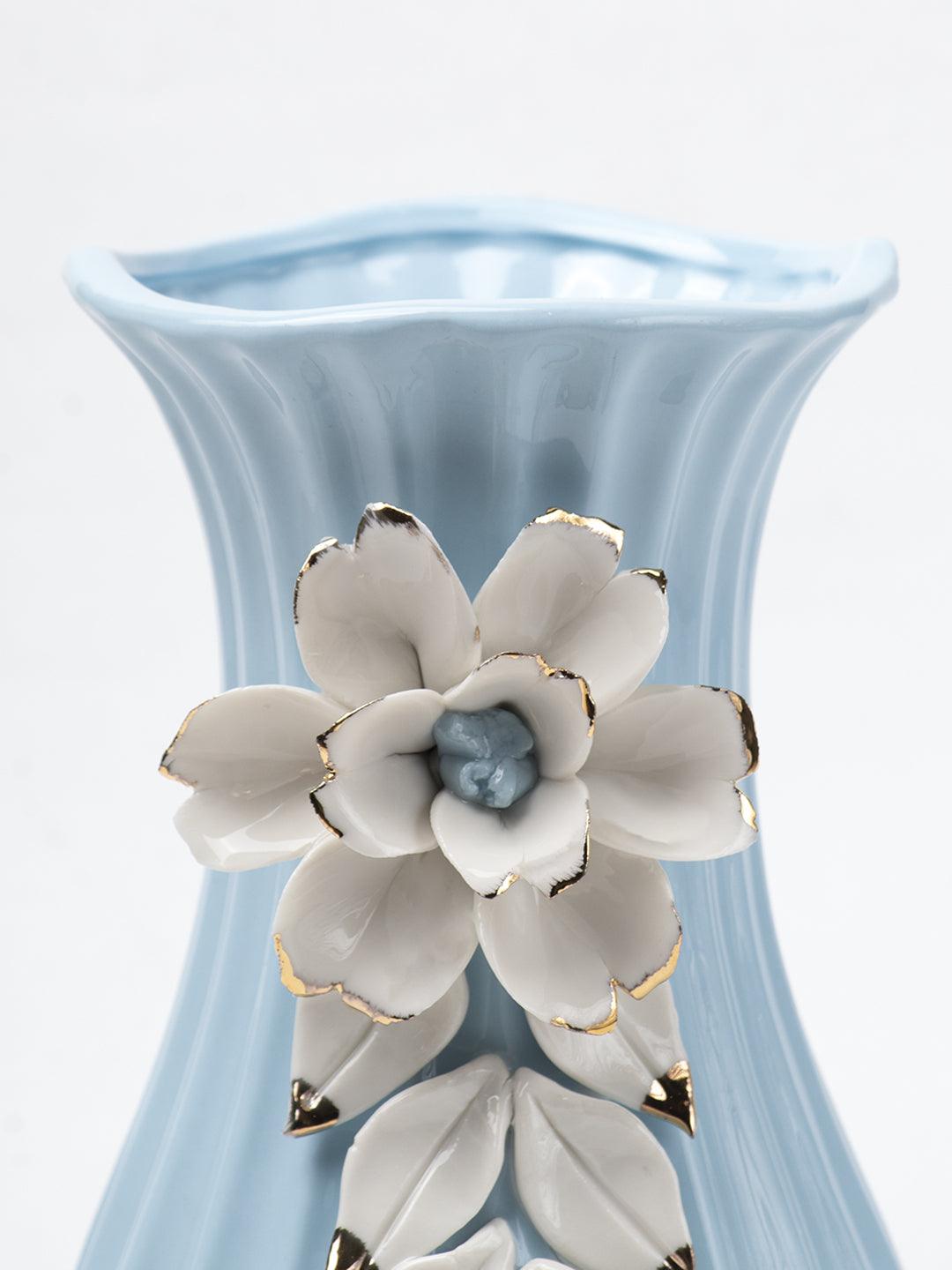 Blue Ceramic Curvy Vase - Engraved Floral Pattern, Flower Holder - 5