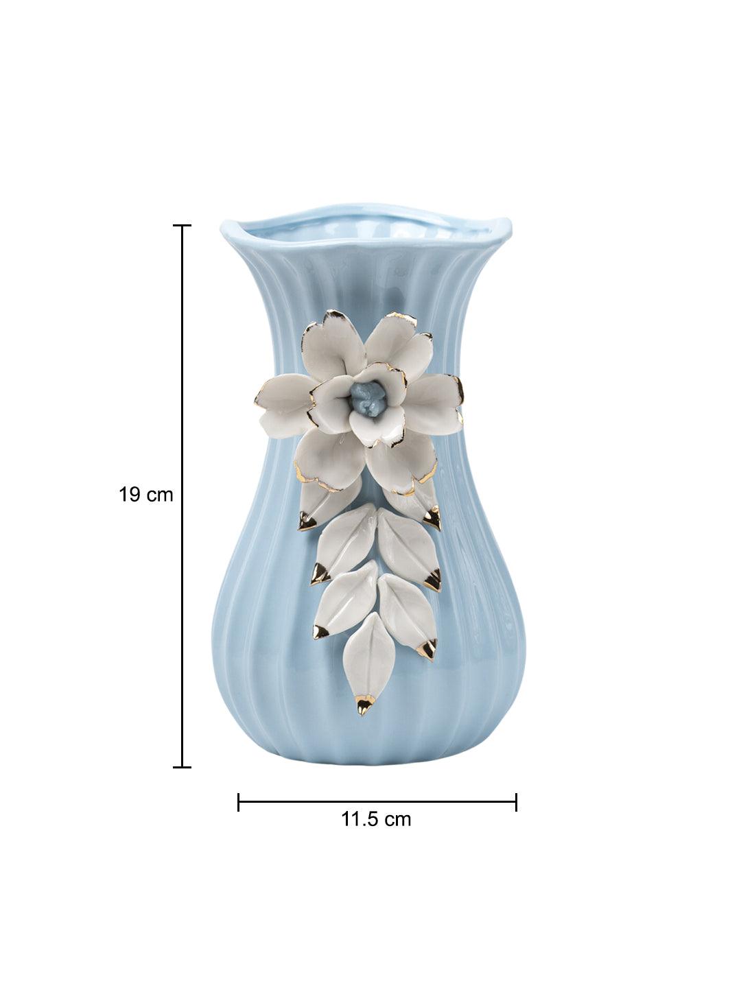 Blue Ceramic Curvy Vase - Engraved Floral Pattern, Flower Holder - 6