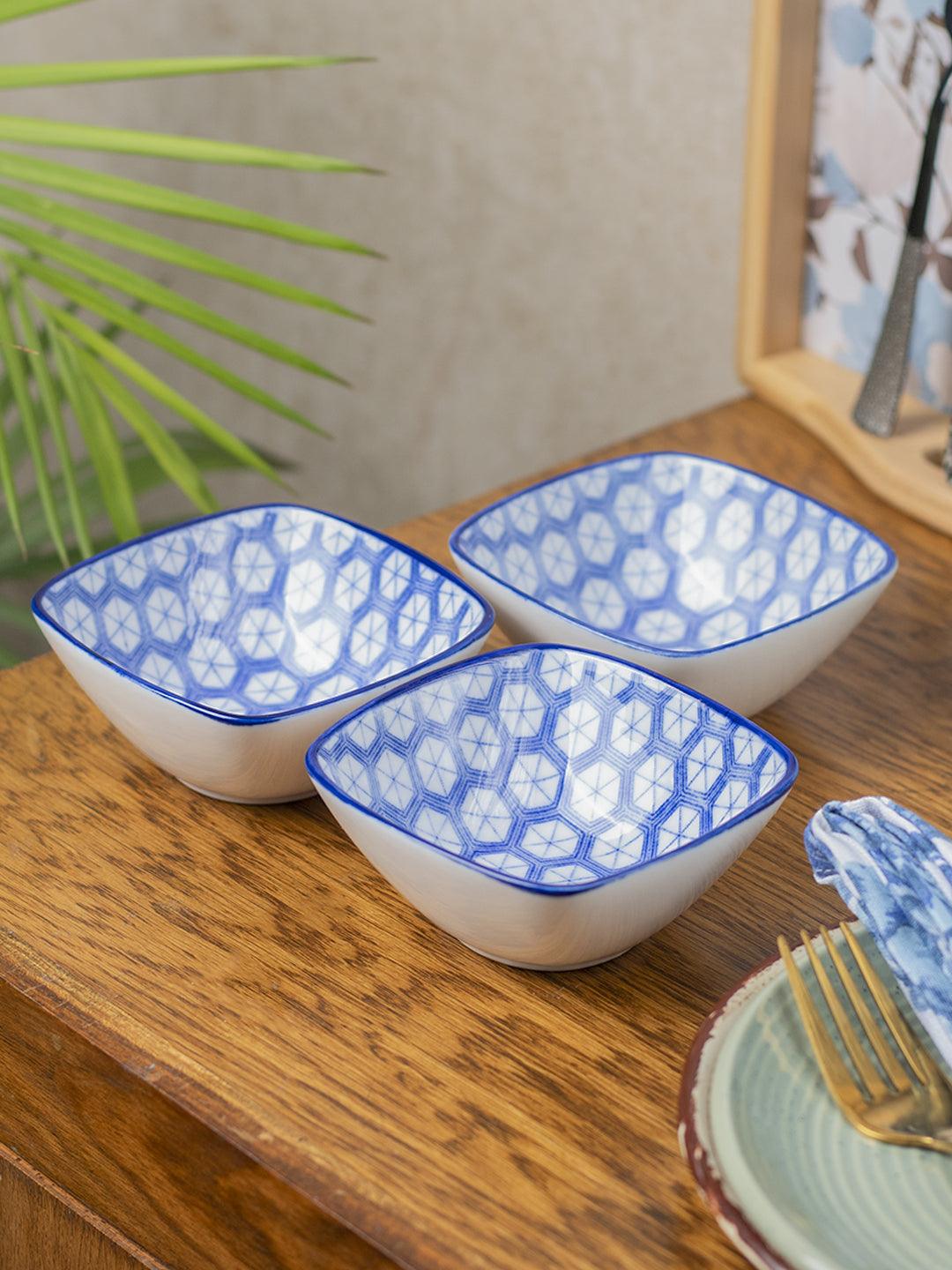 Blue Ceramic Dish, Pack Of 3 - Big Geometric Pattern, Serveware - 1