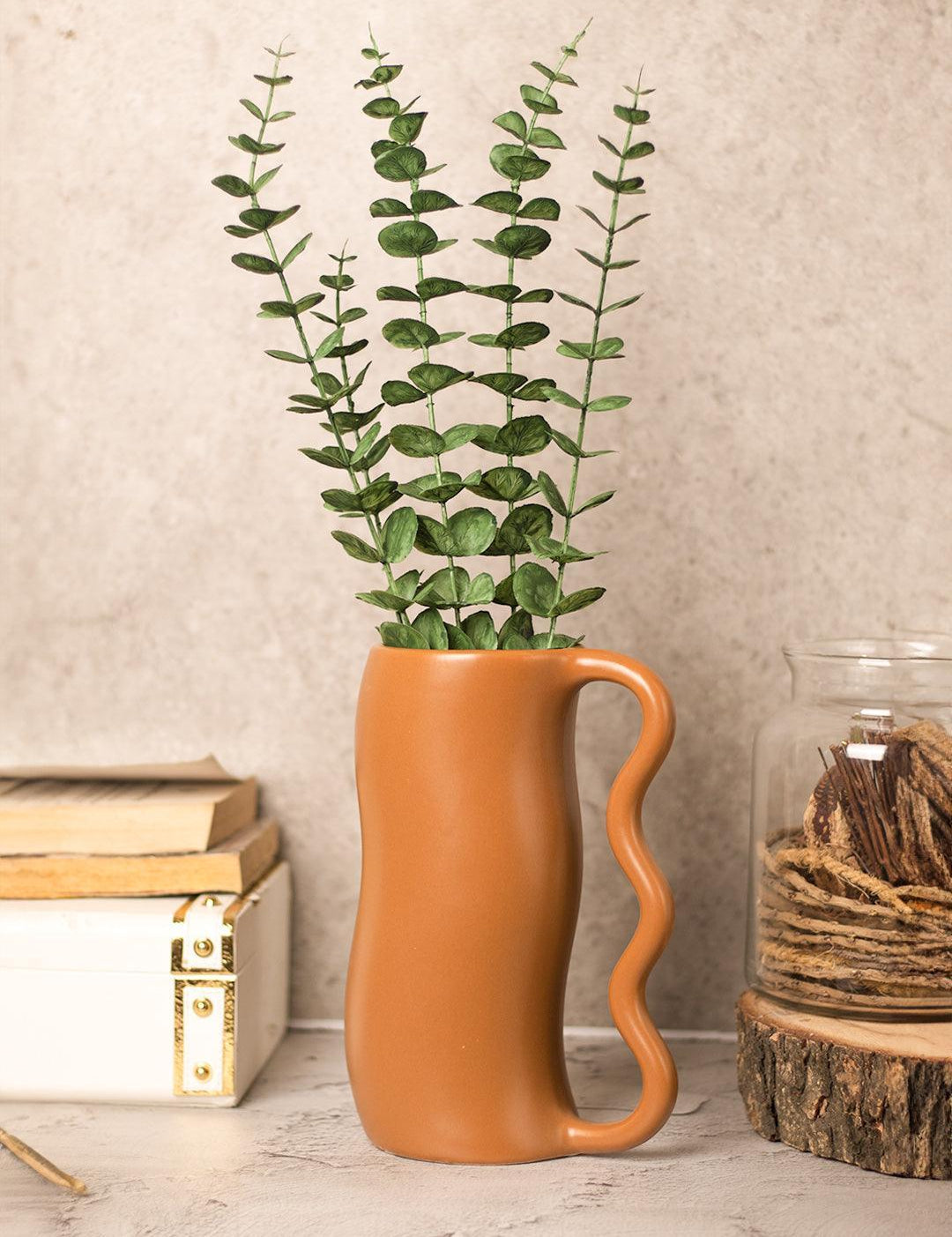 Brown Ceramic Curvy Vase - Curvy, Flower Holder - 1