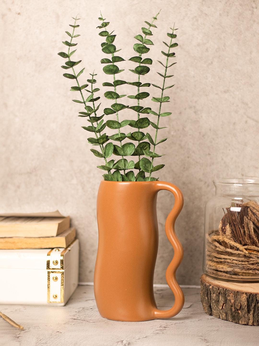 Brown Ceramic Curvy Vase - Curvy, Flower Holder - 1