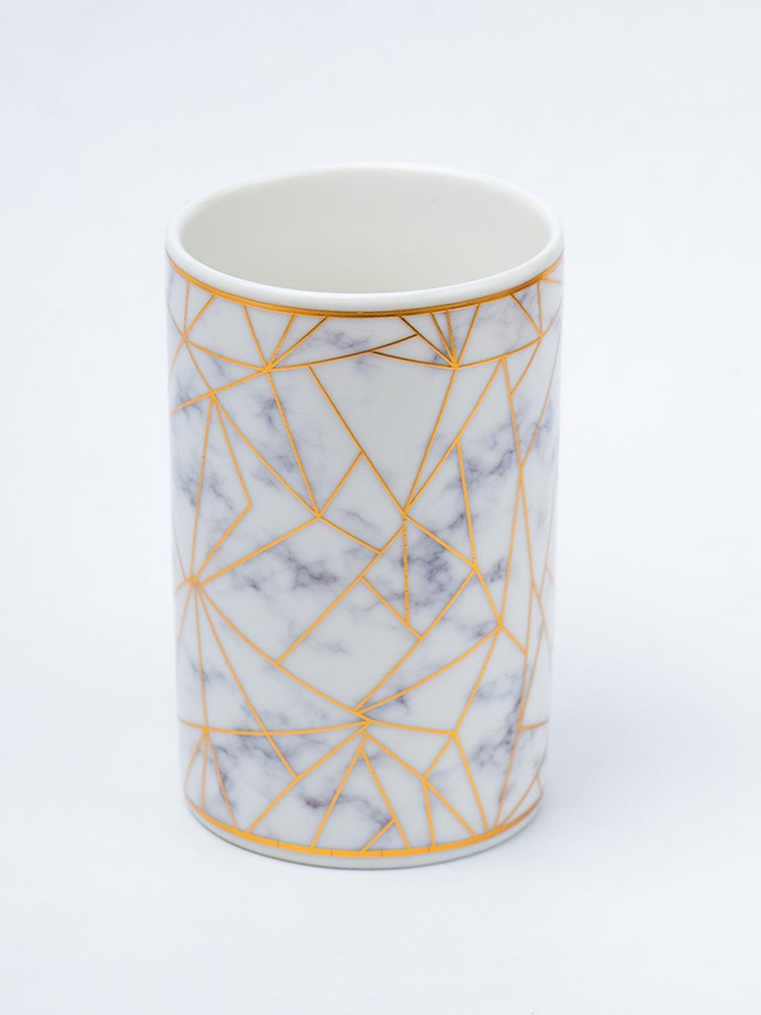 Ceramic Cylindrical Bathroom Set Of 4 - Geometric Pattern, Bath Accessories - 4