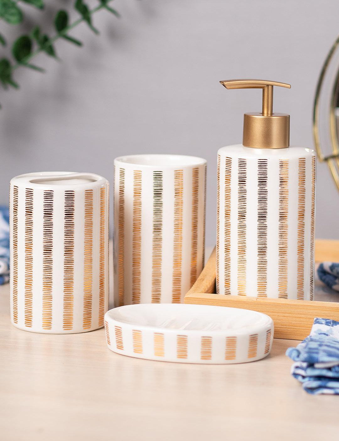 Ceramic Cylindrical Bathroom Set Of 4 - Straight Lines Pattern, Bath Accessories - 1