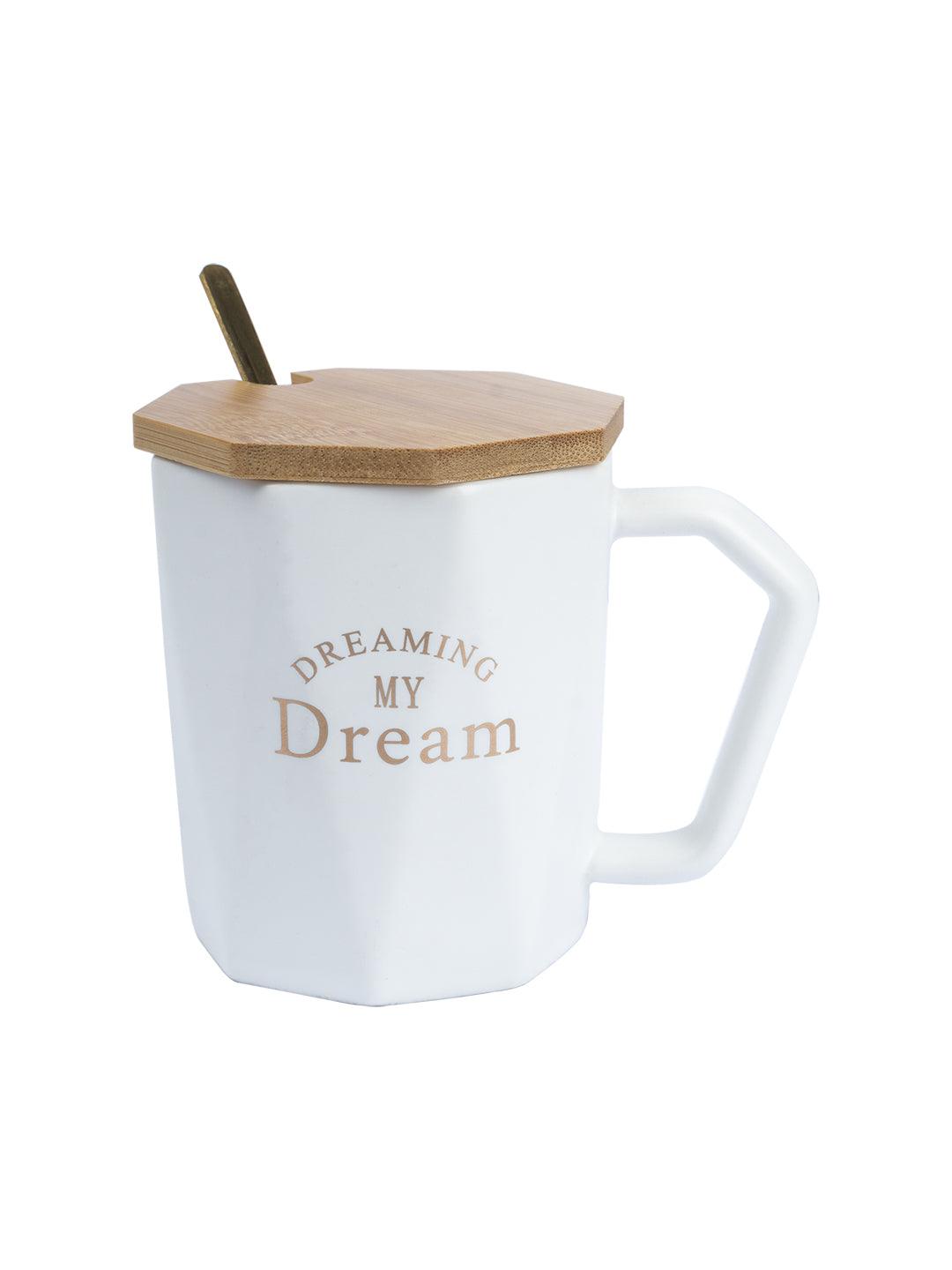 'DREAMING MY Dream' Ceramic Coffee Mug With Wooden Lid - White, 320 Ml - MARKET 99