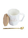 'DREAMING MY Dream' Ceramic Coffee Mug With Wooden Lid - White, 320 Ml - MARKET 99