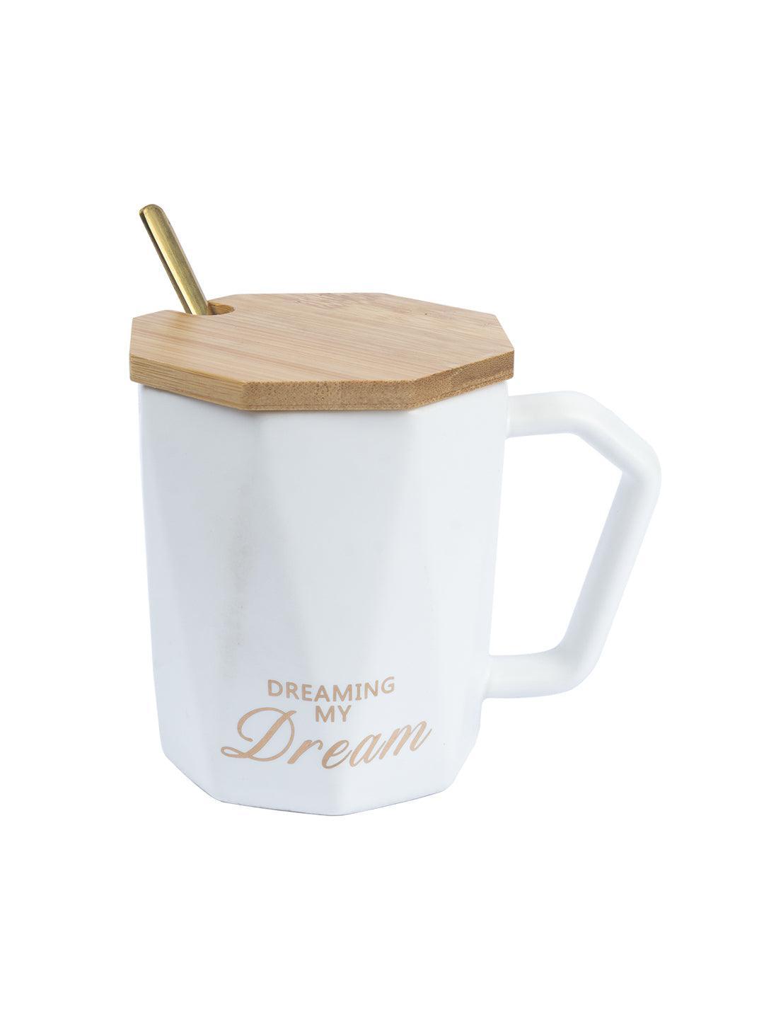 DREAMING MY Dream' Coffee Mug With Wooden Lid - White, 320 Ml - MARKET 99