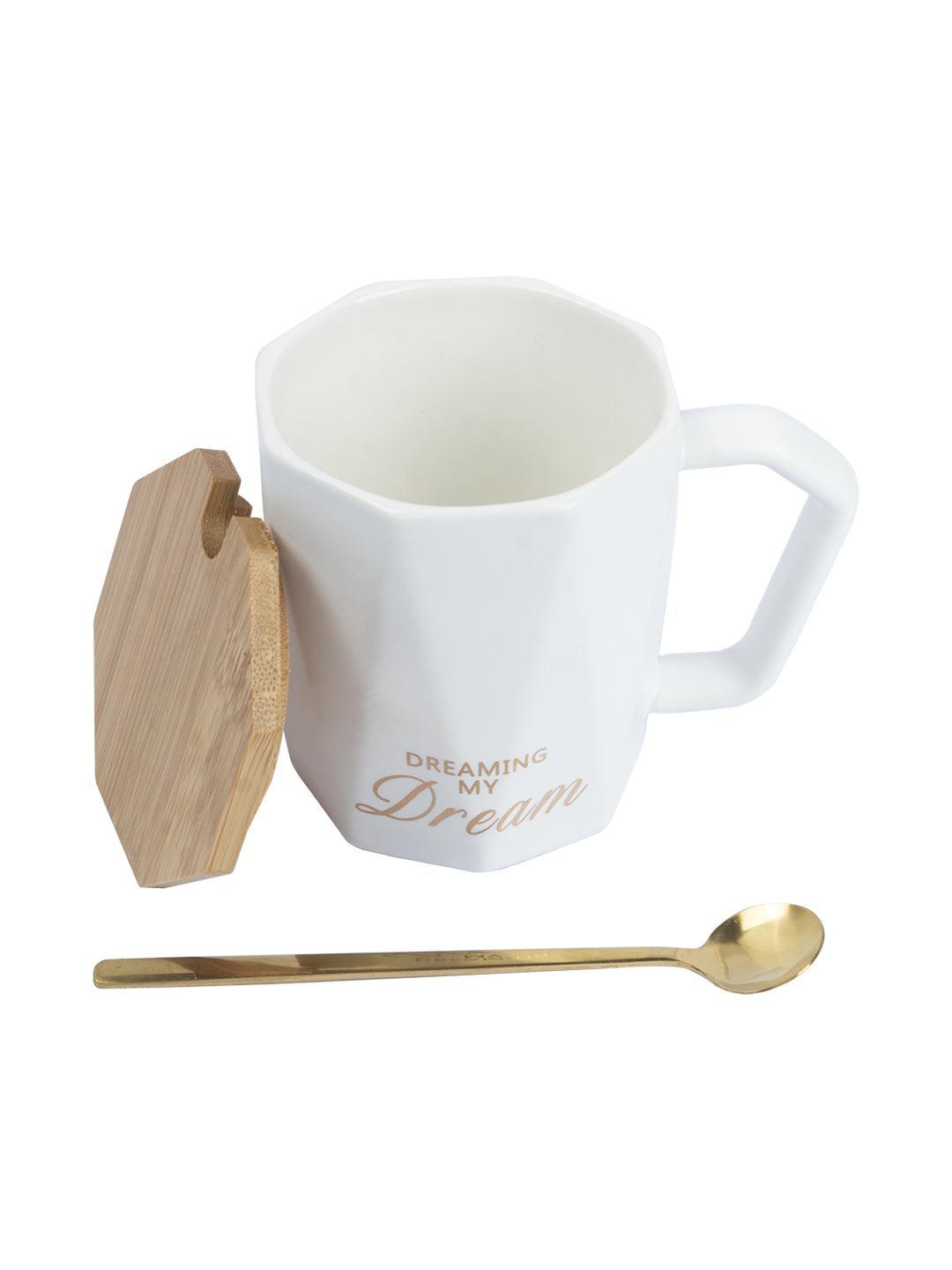 DREAMING MY Dream' Coffee Mug With Wooden Lid - White, 320 Ml - MARKET 99