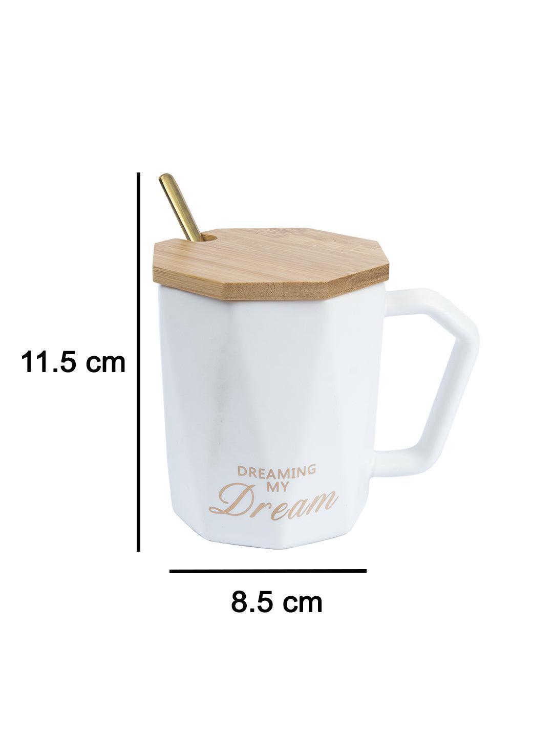 DREAMING MY Dream' Coffee Mug With Wooden Lid - White, 320 Ml - MARKET 99