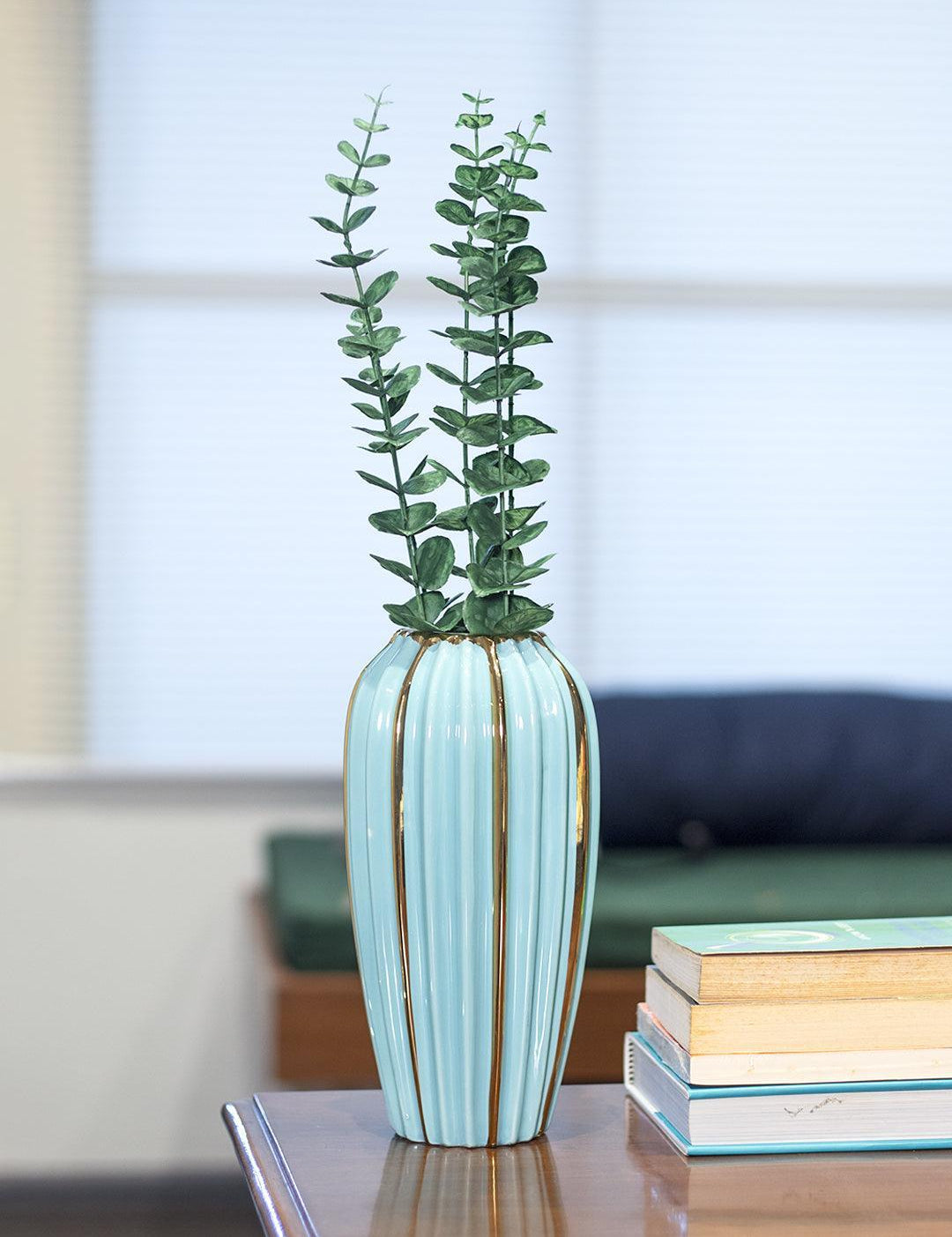 Emrald Ceramic Vase - Ribbed Design, Flower Holder - 1