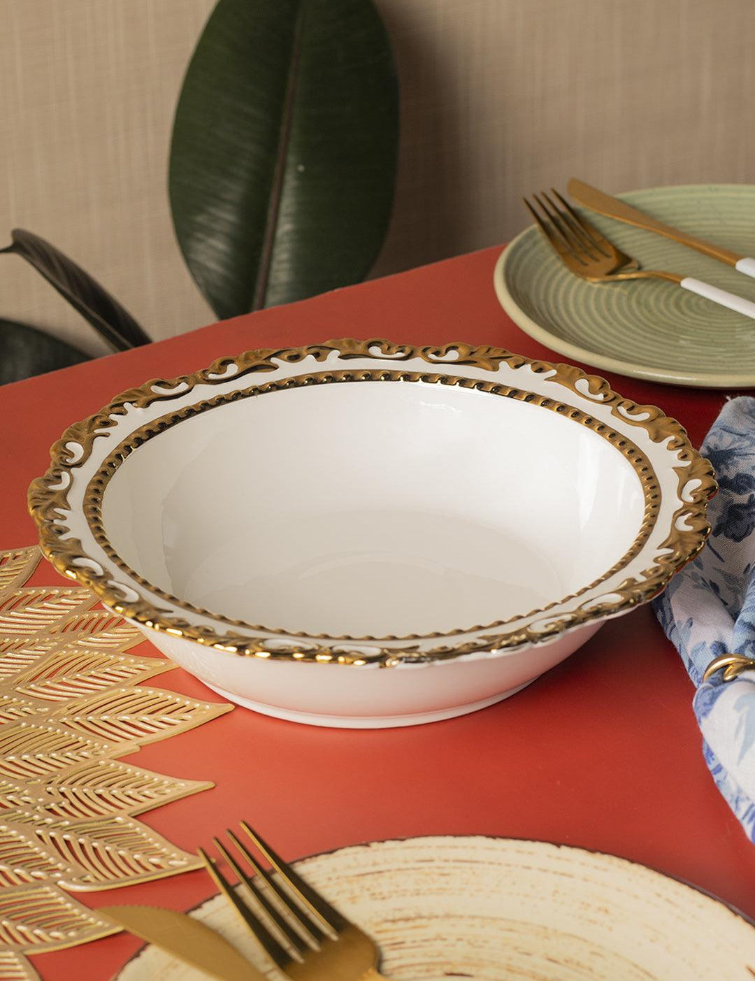 Golden Edge Glazed White Ceramic Dish