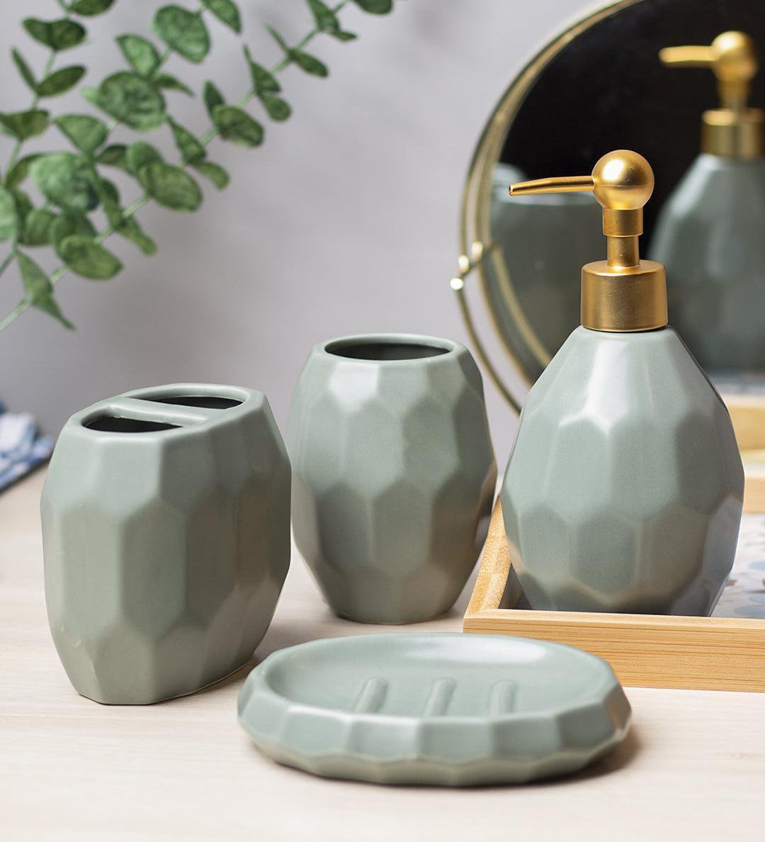 Green Ceramic Bathroom Set Of 4 - Stone Finish, Bath Accessories - 1