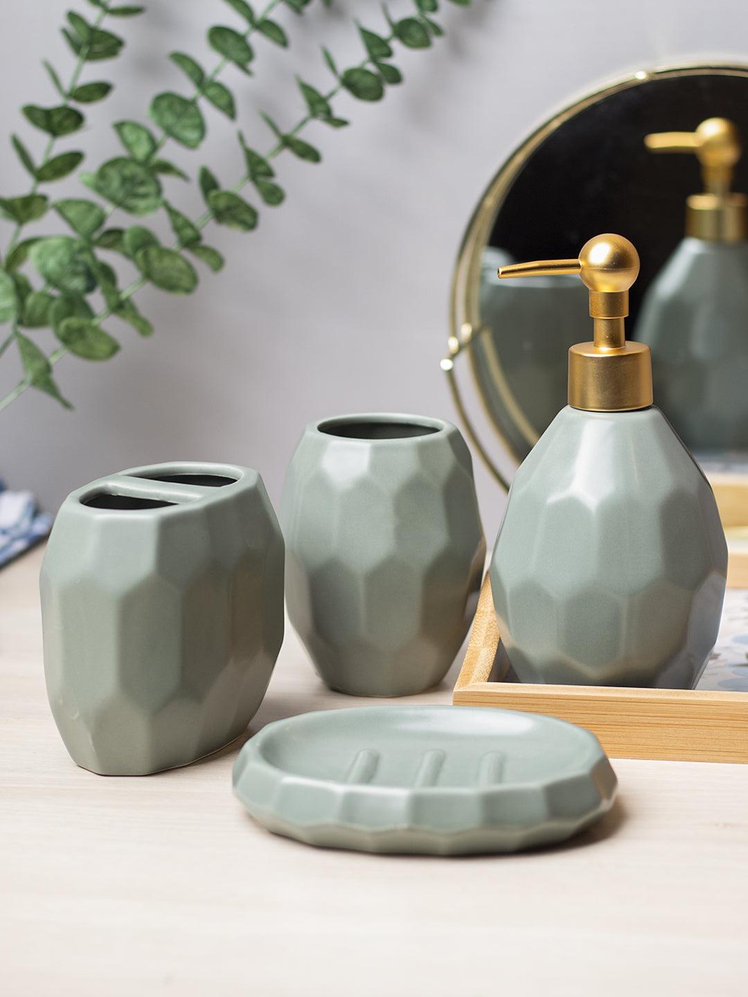 Green Ceramic Bathroom Set Of 4 - Stone Finish, Bath Accessories - 1
