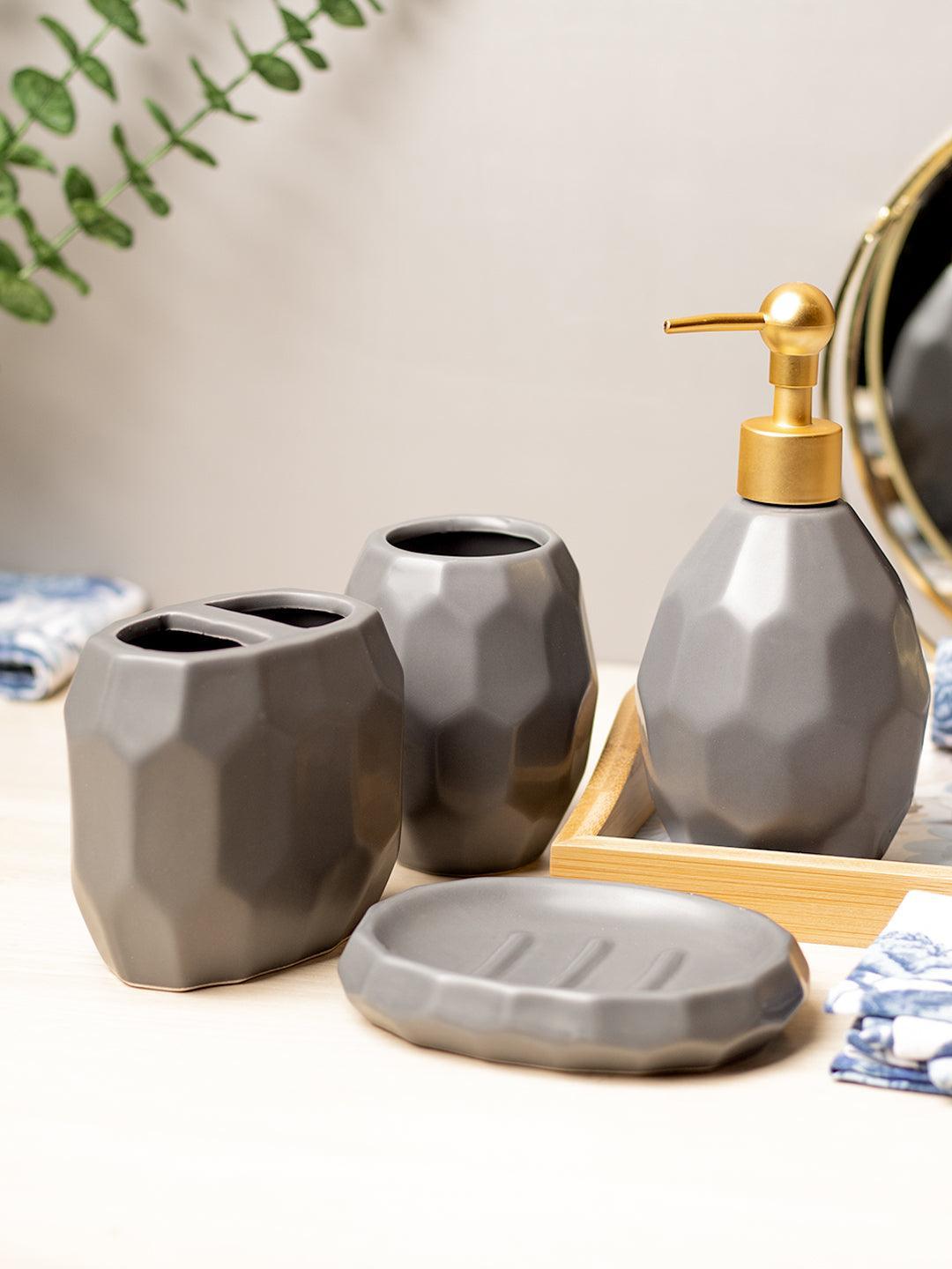 Grey Ceramic Bathroom Set Of 4 - Hexagonal Pattern, Bath Accessories - 1