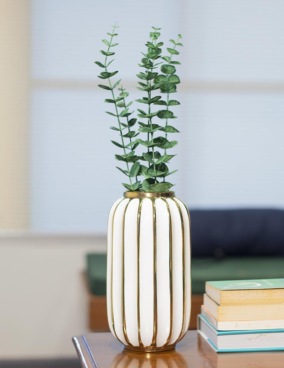 Grey Ceramic Vase - Ribbed Design, Flower Holder - 1