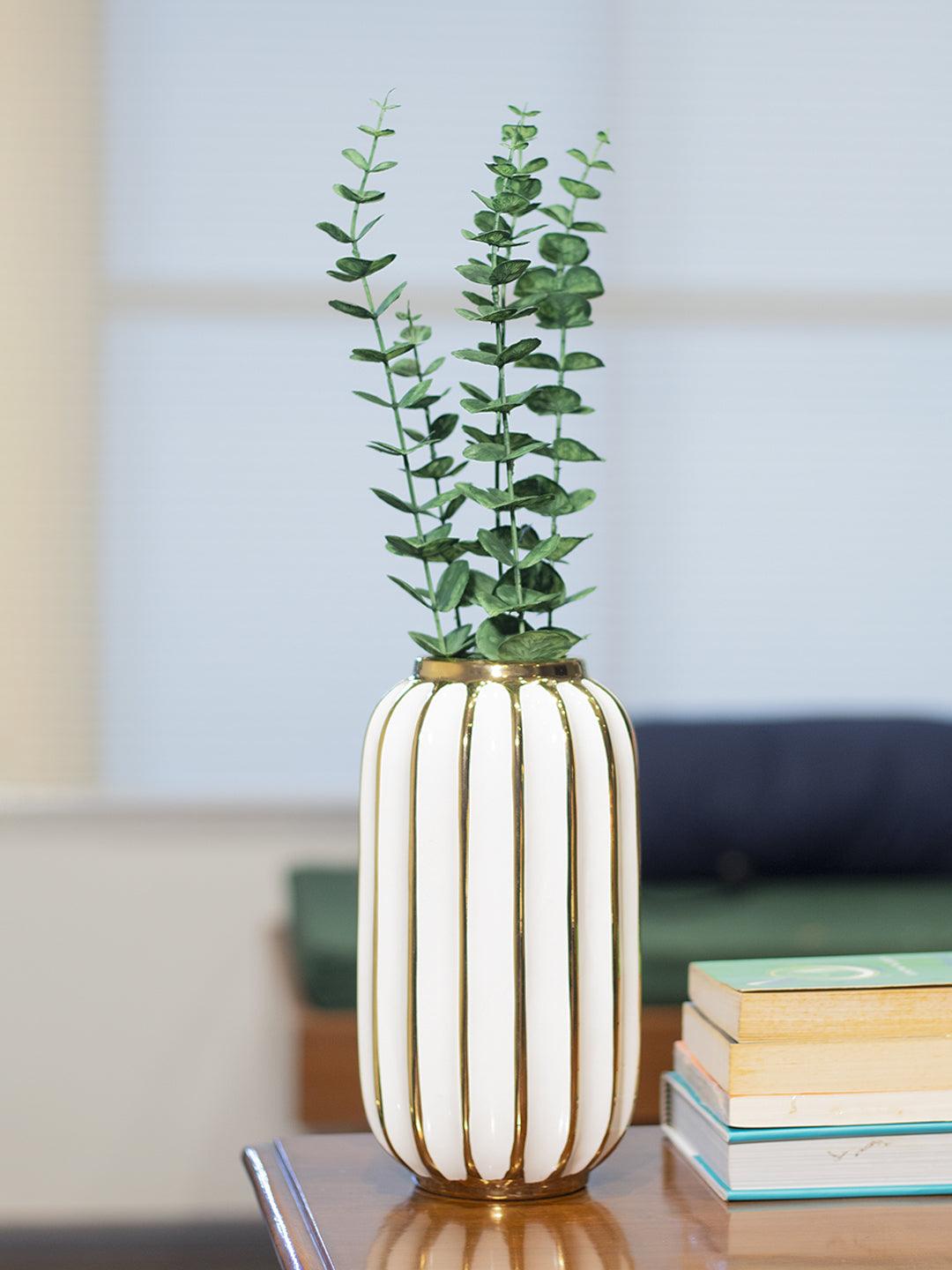 Grey Ceramic Vase - Ribbed Design, Flower Holder - 1