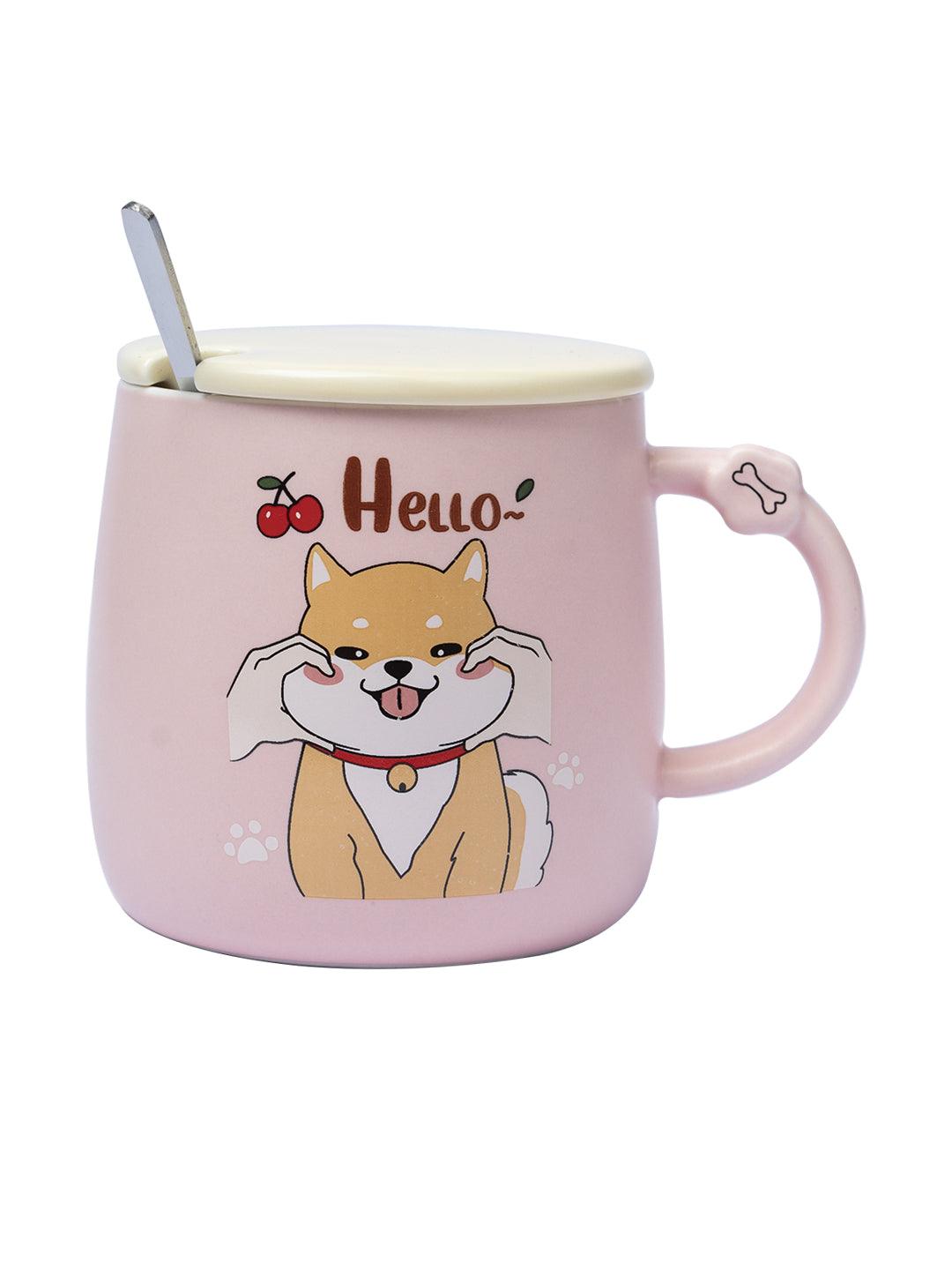 'HELLO' Coffee Mug With Lid - Pink, Cat, 420 Ml - MARKET 99