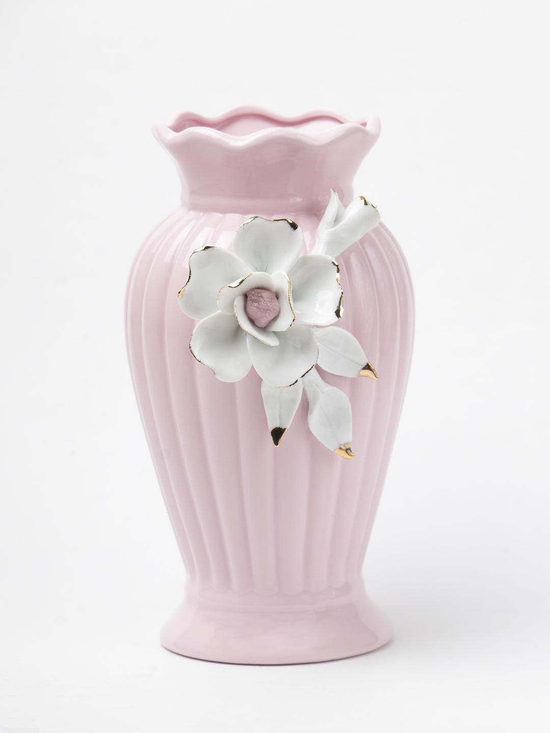 Light Pink Ceramic Curvy Vase - Engraved Floral Pattern, Flower Holder - 2
