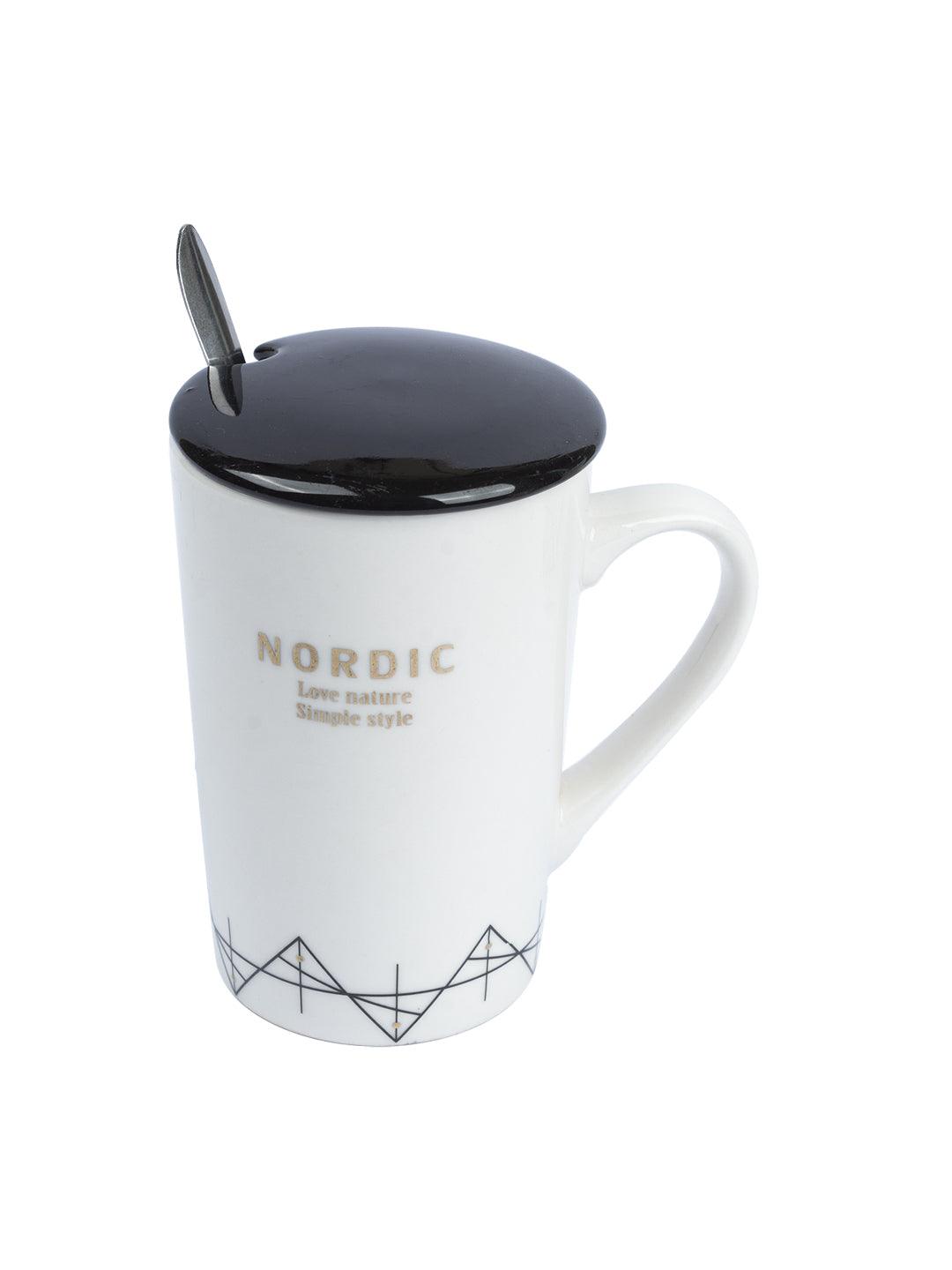 "NORDIC" Coffee Mug With Ceramic Lid and Spoon - White, 450mL - MARKET 99