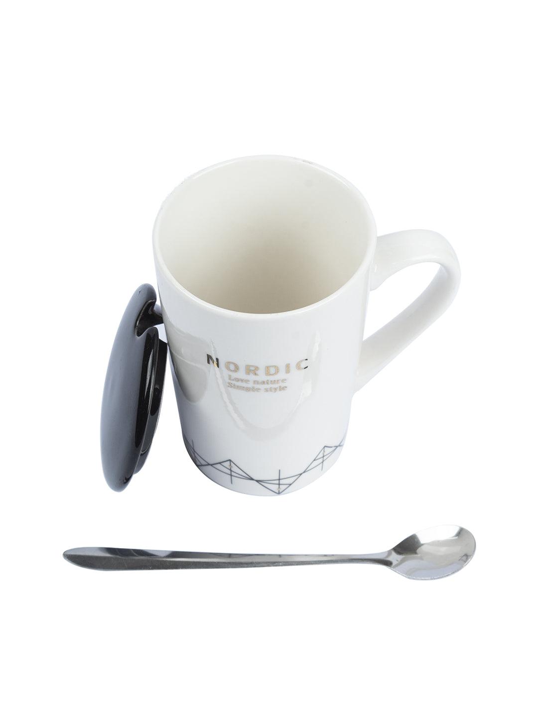 "NORDIC" Coffee Mug With Ceramic Lid and Spoon - White, 450mL - MARKET 99