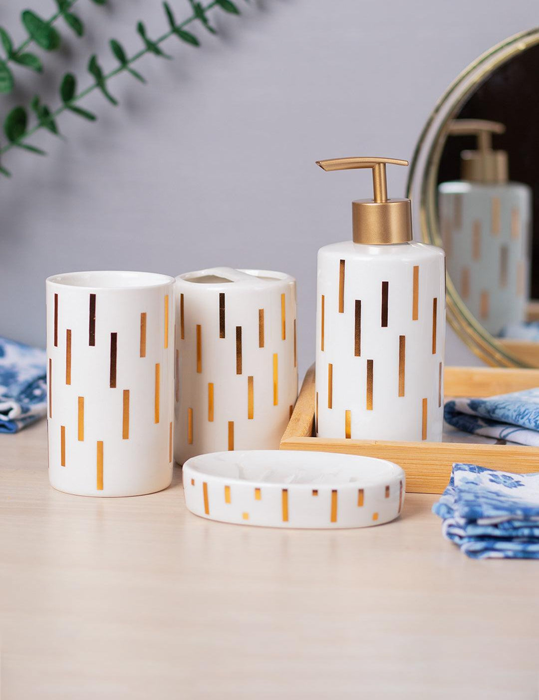 Off White Ceramic Bathroom Set Of 4 - Straight Lines, Bath Accessories - 1